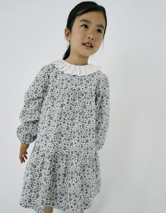 Floral Cotton Dress for Girls, White/Blue/Red