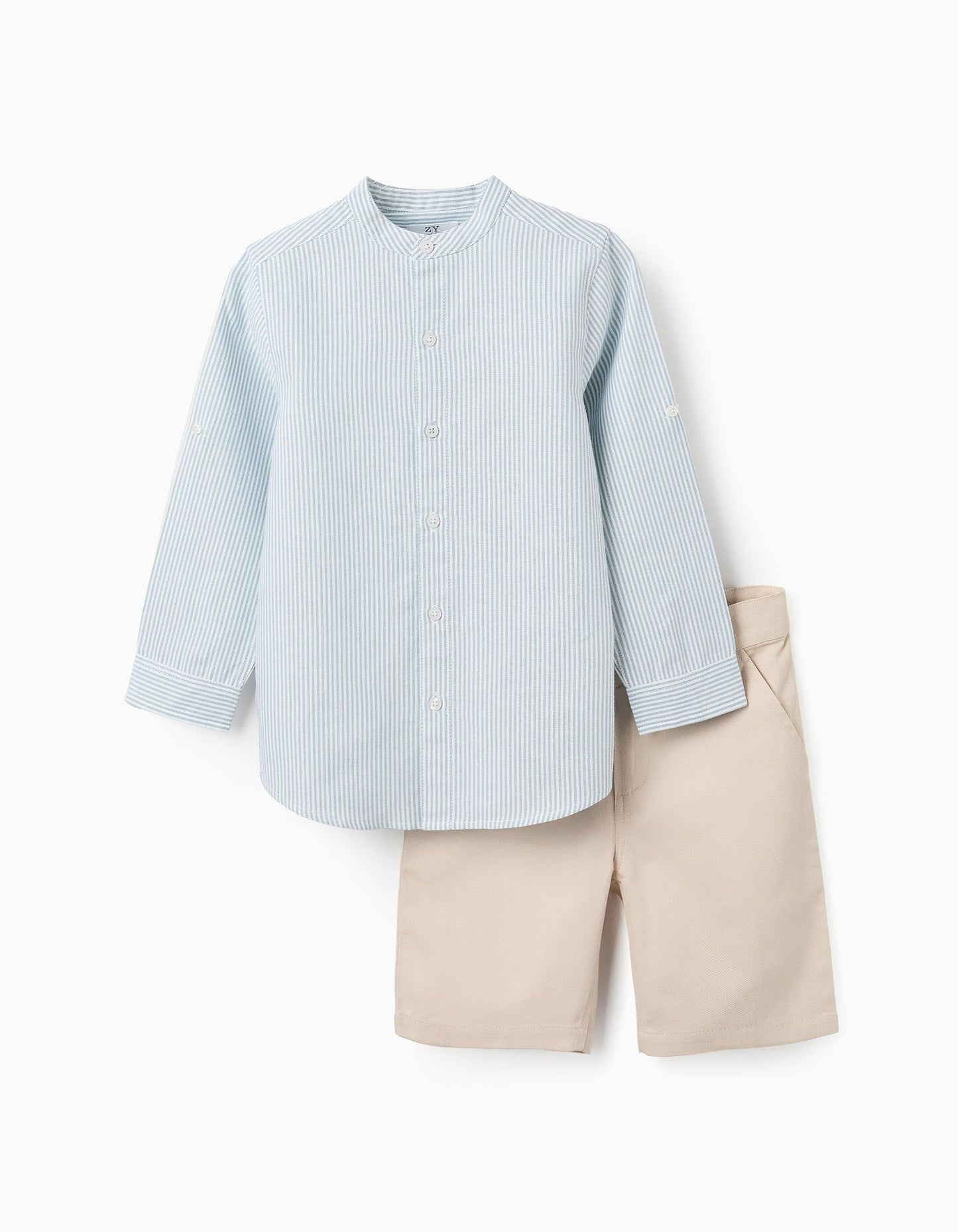 Striped Shirt + Twill Shorts for Boys, Blue/Beige