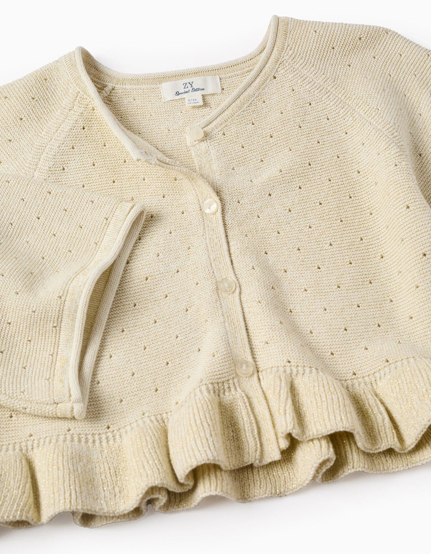 Knitted Cardigan with Ruffles for Baby Girls, Beige/Gold