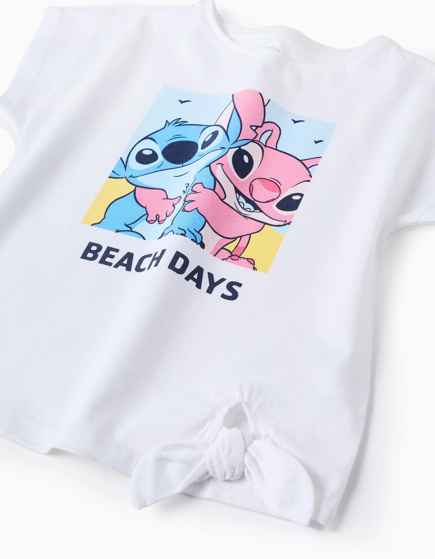 Cotton T-shirt with Bow at the Hem for Girls 'Stitch & Angel', White