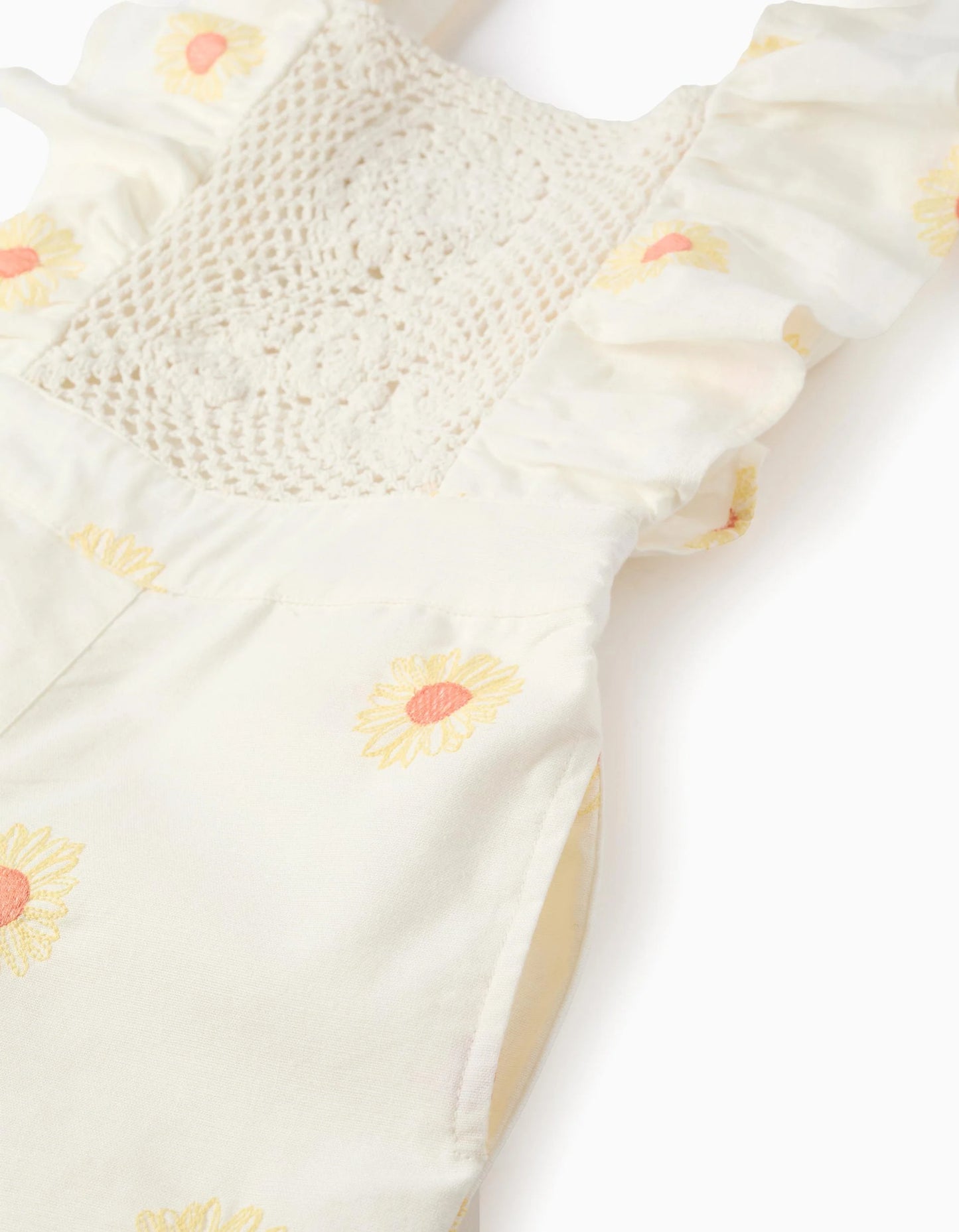 Cotton and Linen Jumpsuit with Flowers and Crochet for Girls, White