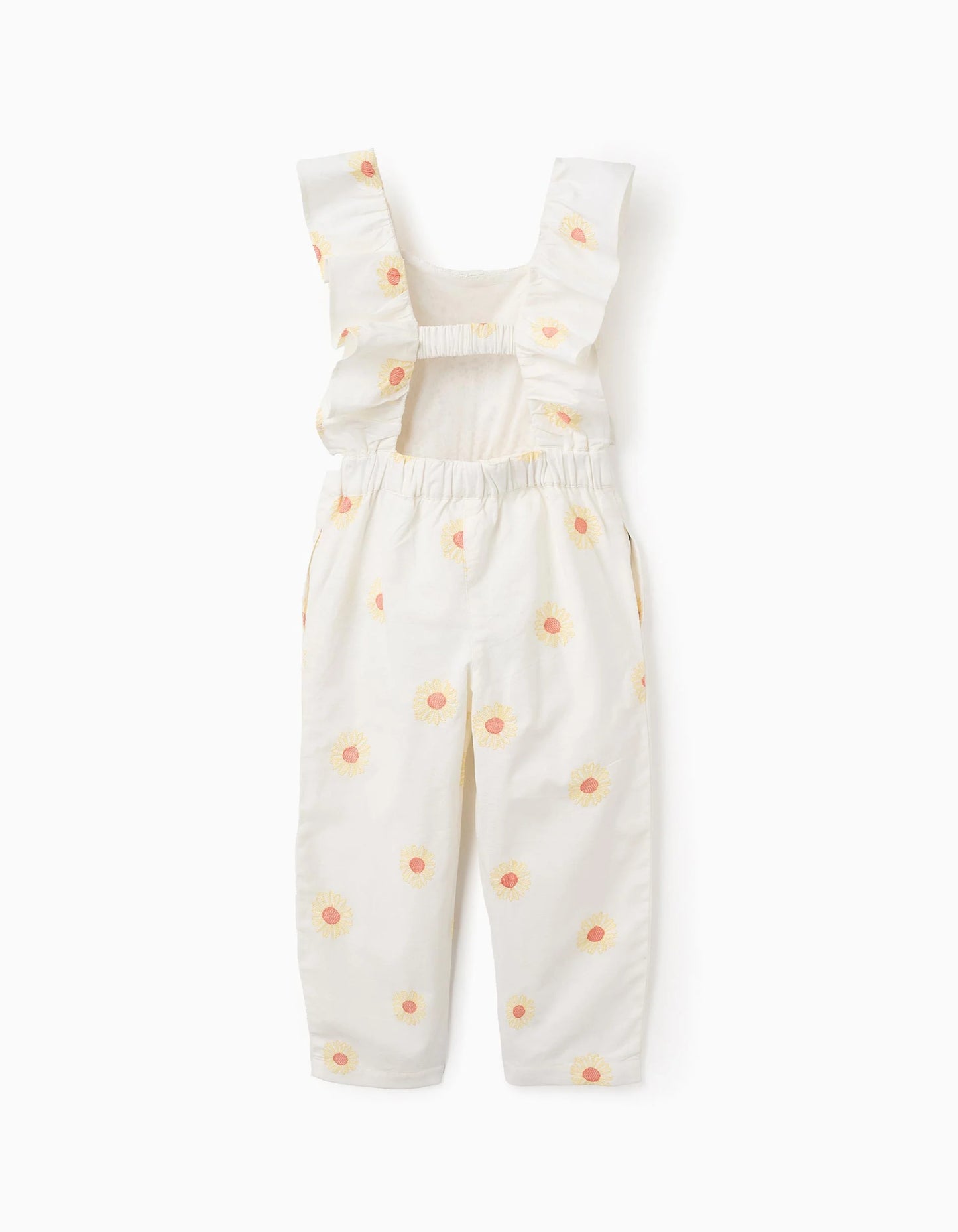 Cotton and Linen Jumpsuit with Flowers and Crochet for Girls, White