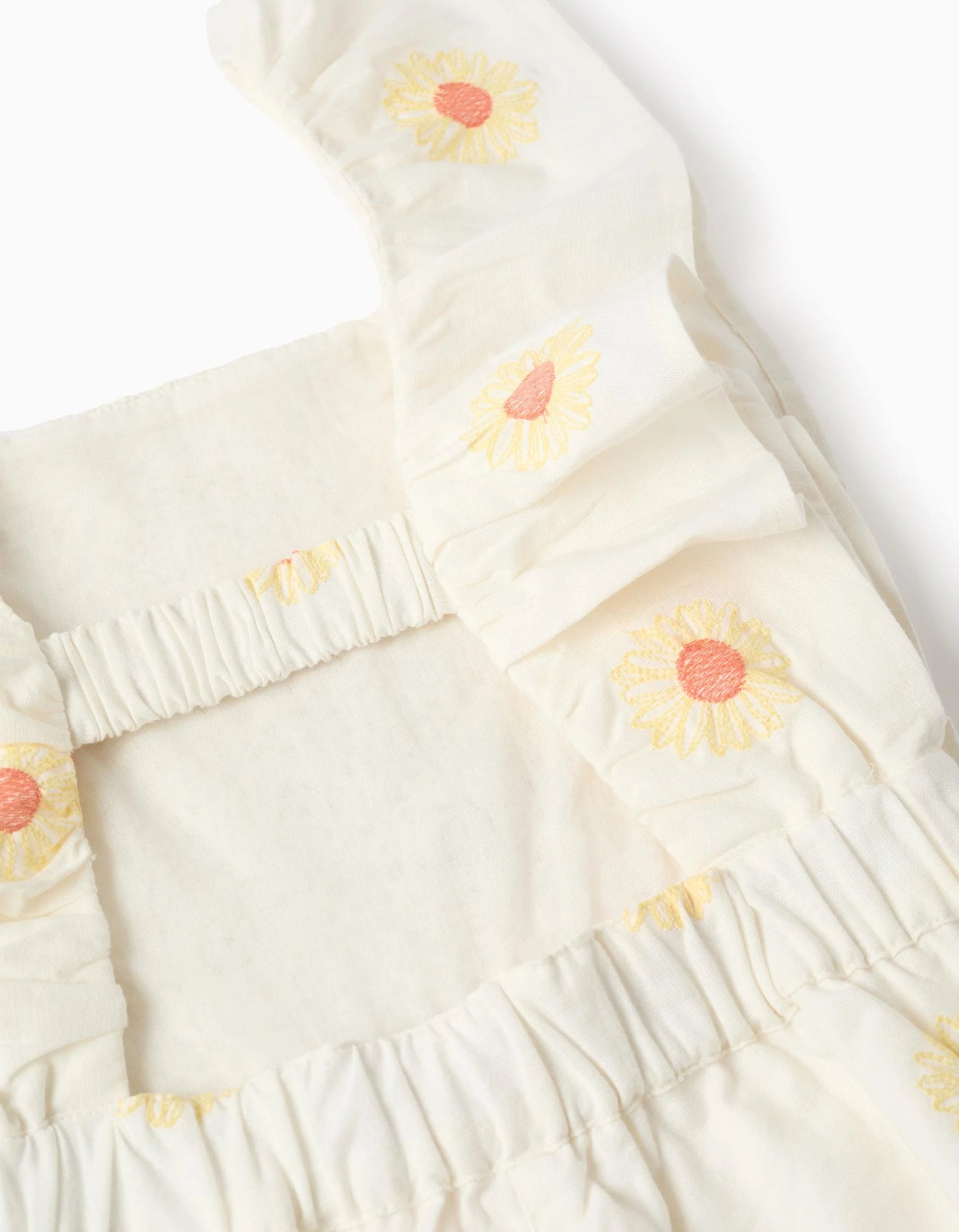 Cotton and Linen Jumpsuit with Flowers and Crochet for Girls, White