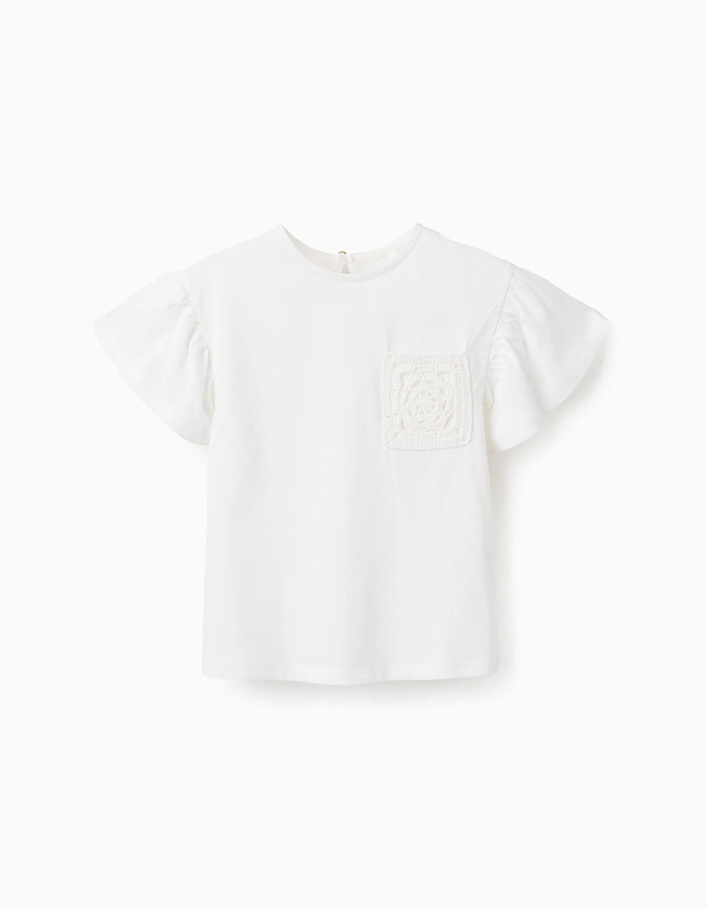 Cotton T-shirt with Crochet Detail for Girls, White