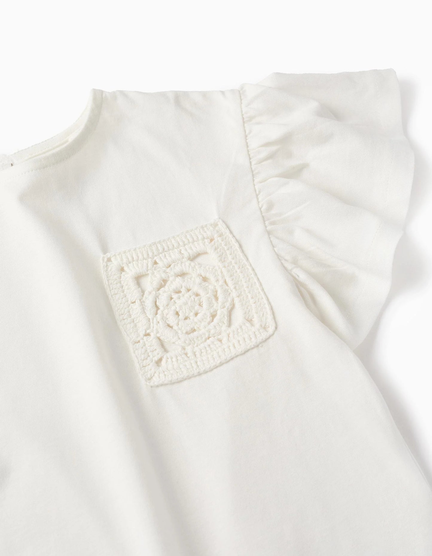 Cotton T-shirt with Crochet Detail for Girls, White