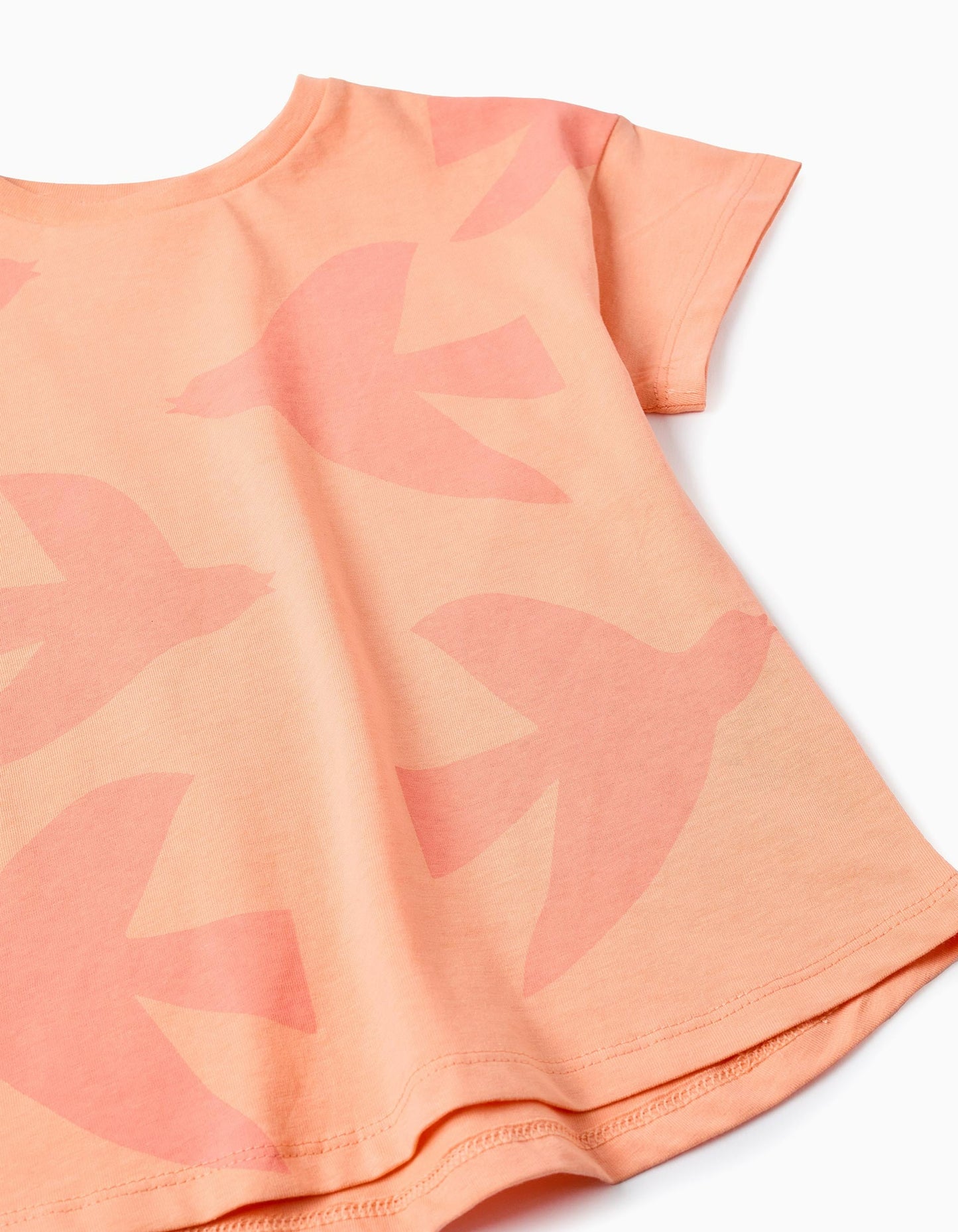 Cotton T-shirt with Motif for Girls 'Birds', Coral