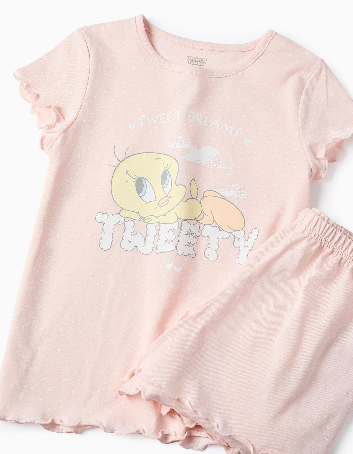 Cotton Pyjama Set T-shirt + Shorts for Girls 'Tweety', Light Pink