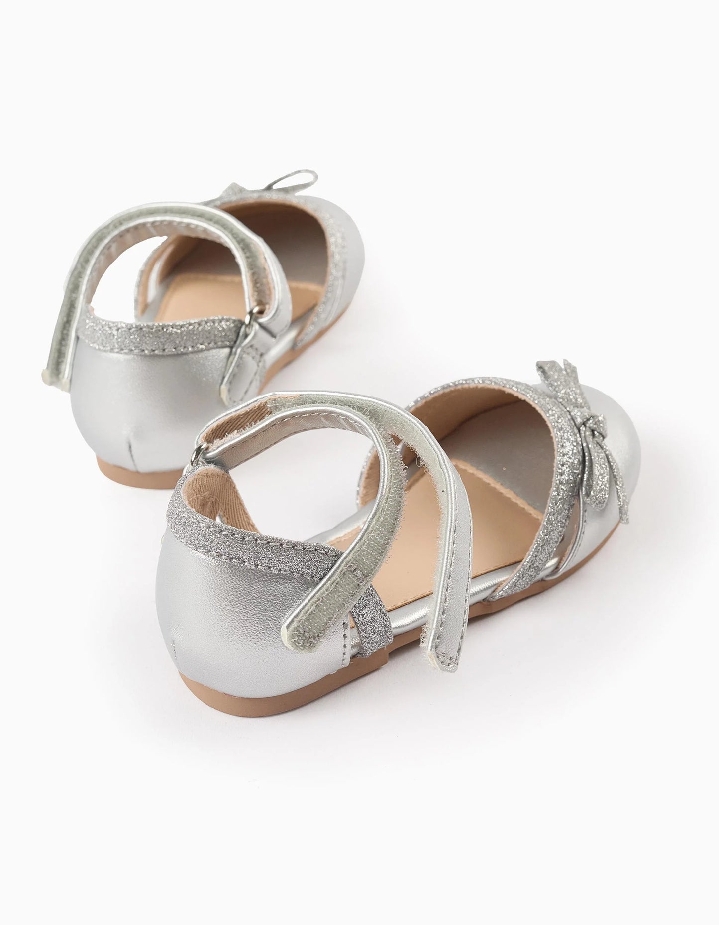 Glitter Ballerina Flats with Bow for Baby Girls, Silver