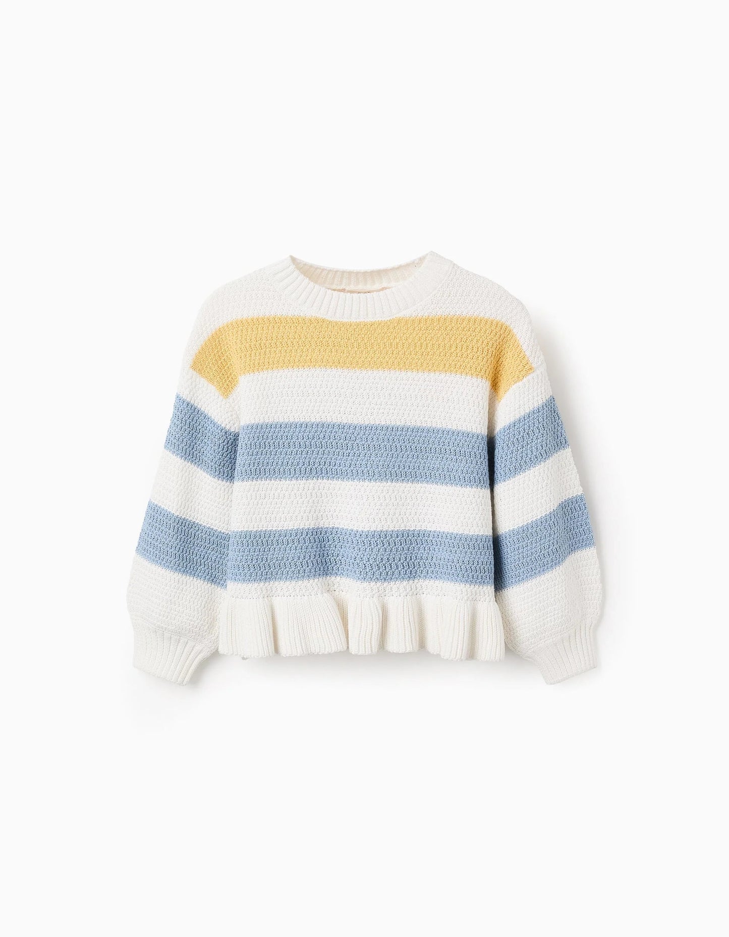 Striped Knit Jumper with Ruffles for Girls, White/Yellow/Blue