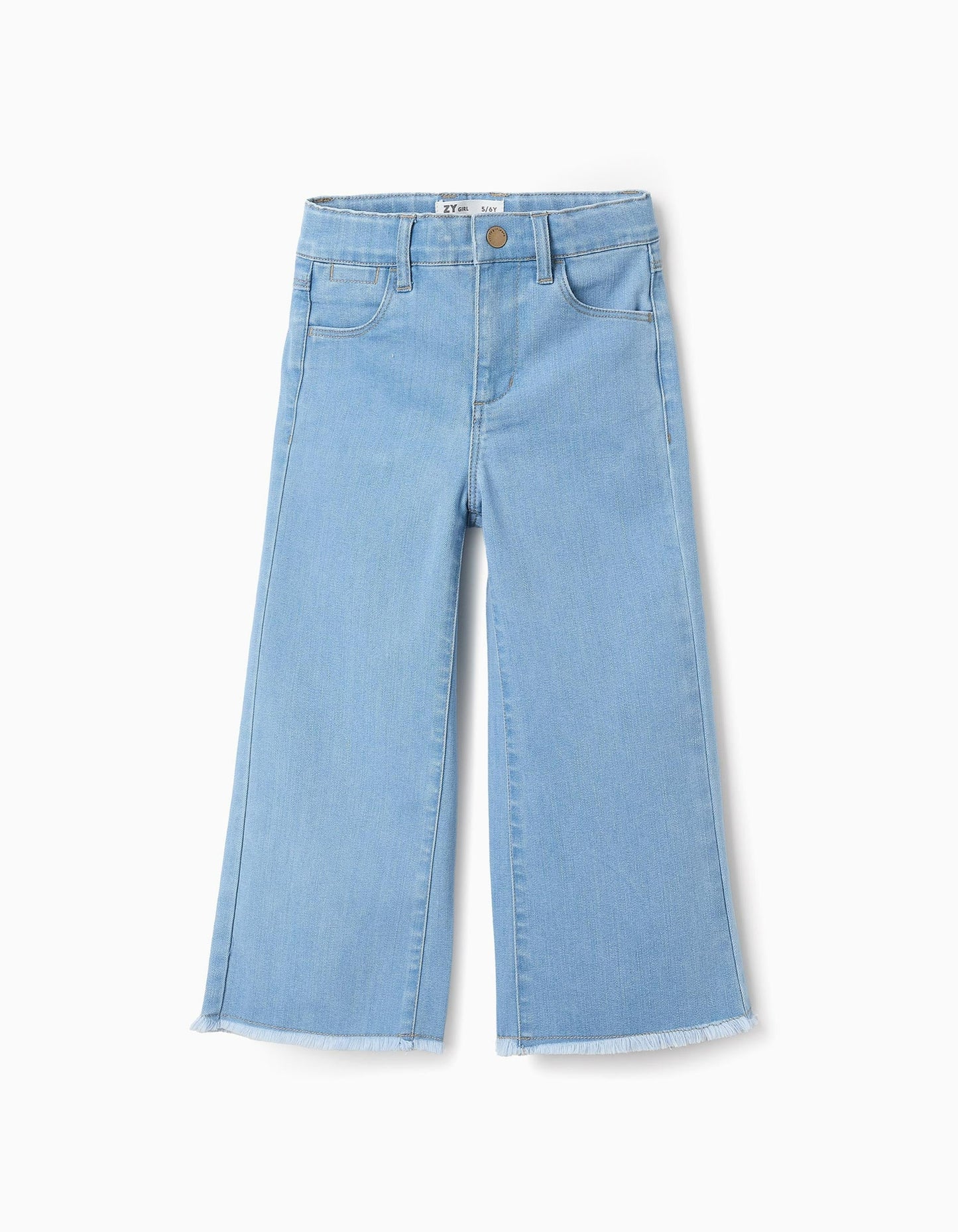 Wide Leg Frayed Denim Trousers for Girls, Light Blue