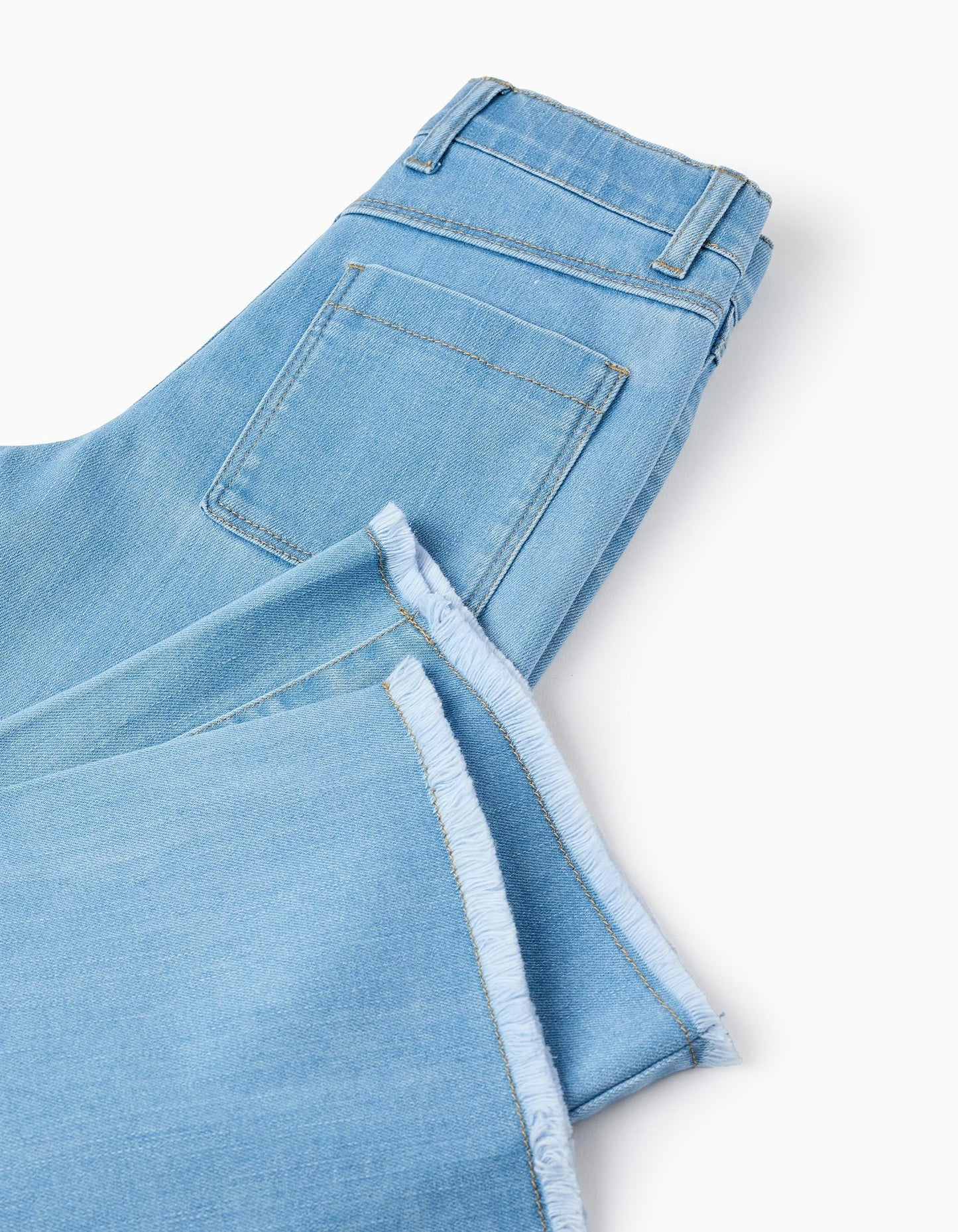 Wide Leg Frayed Denim Trousers for Girls, Light Blue