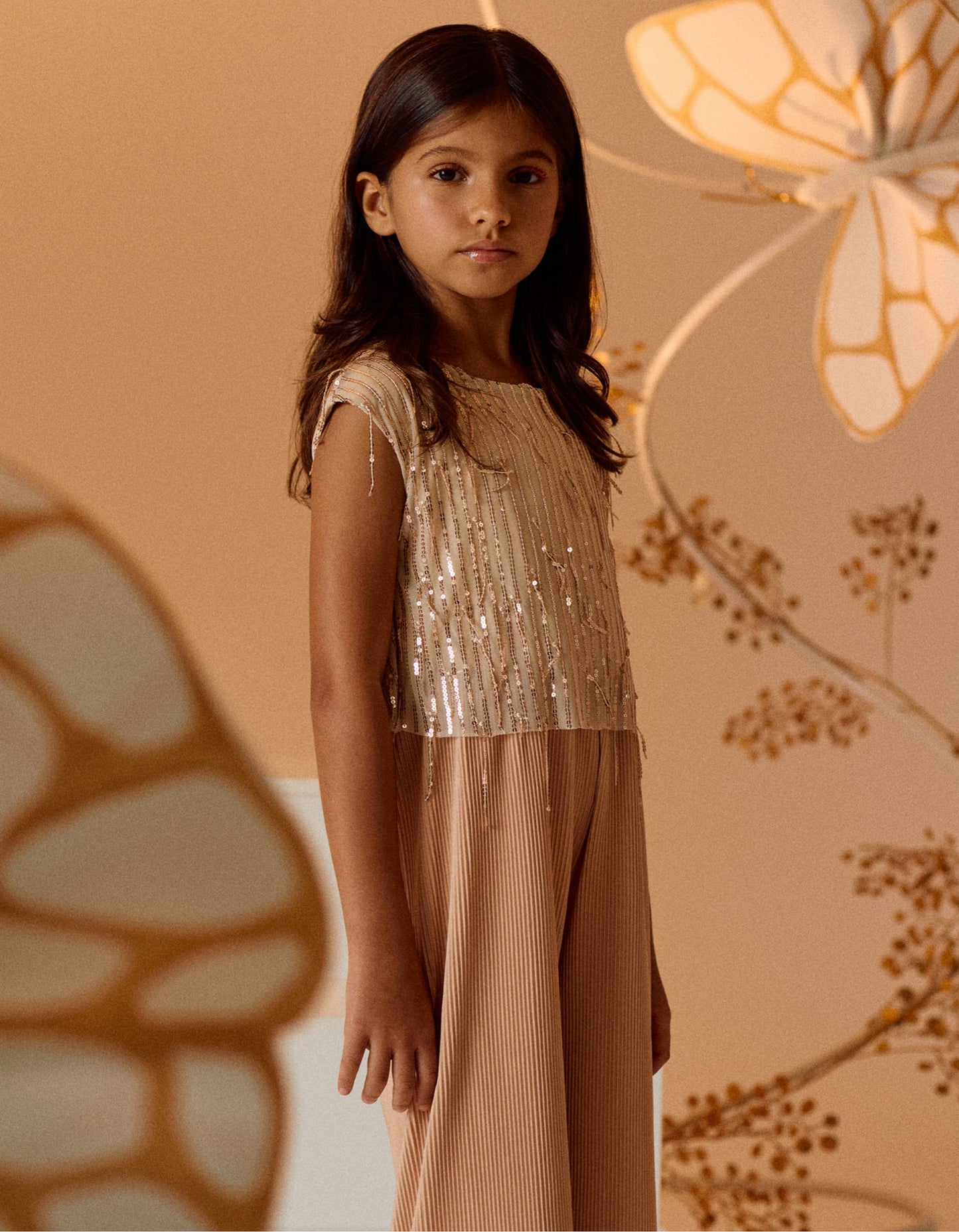 Pleated Jumpsuit with Sequins for Girls, Beige/Gold