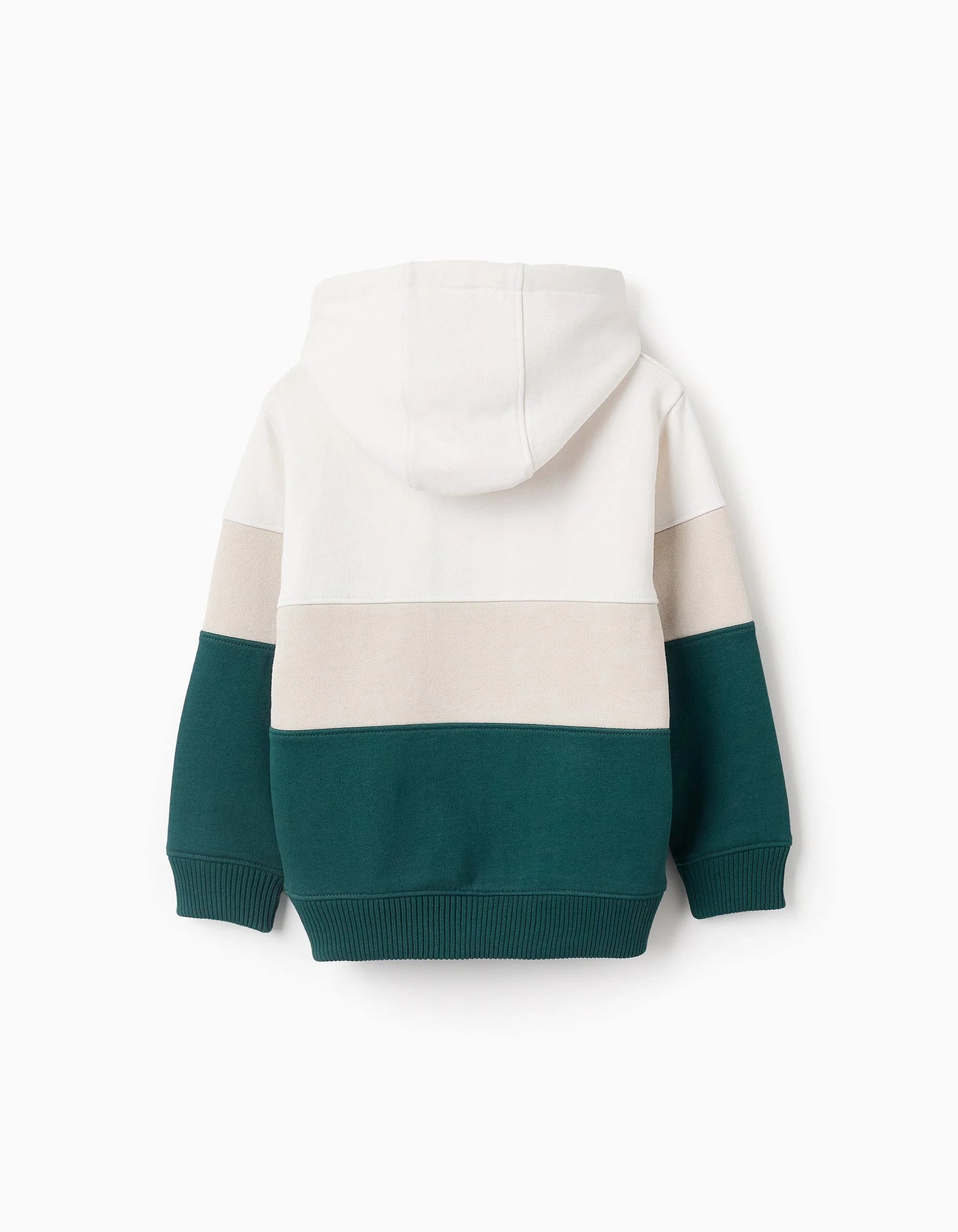 Cotton Hooded Sweatshirt with Colour block for Boys, Green/White/Beige