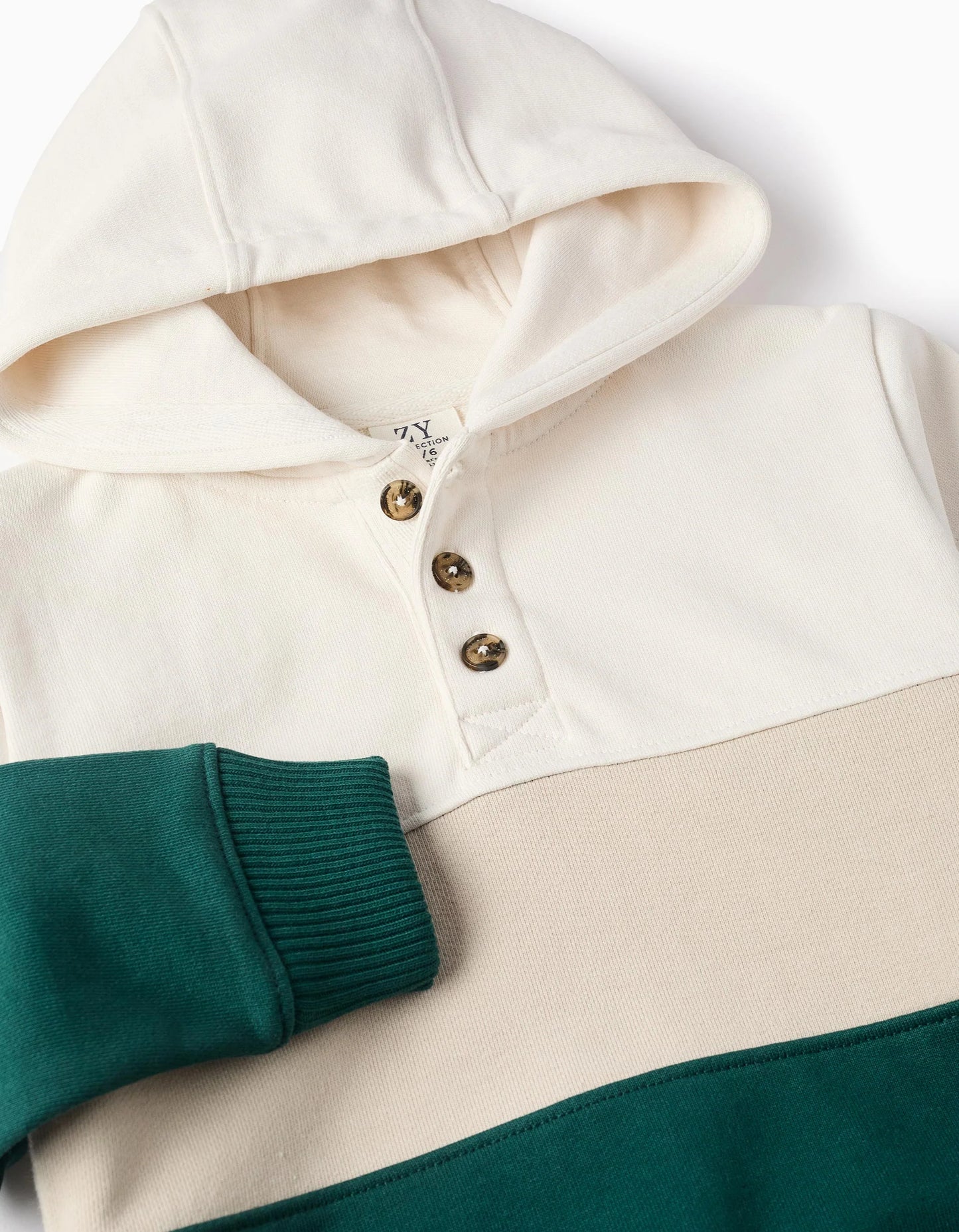 Cotton Hooded Sweatshirt with Colour block for Boys, Green/White/Beige