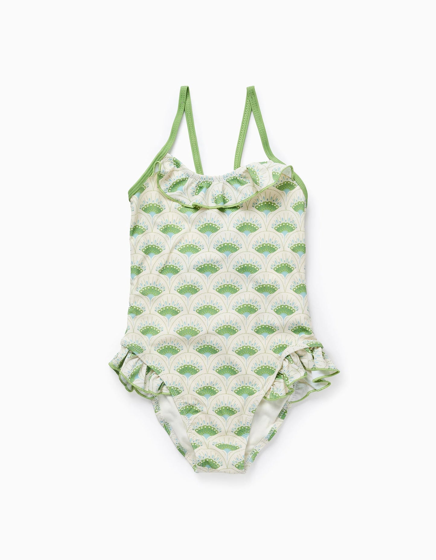 Swimsuit with Motif and Ruffles for Girls, Beige/Green