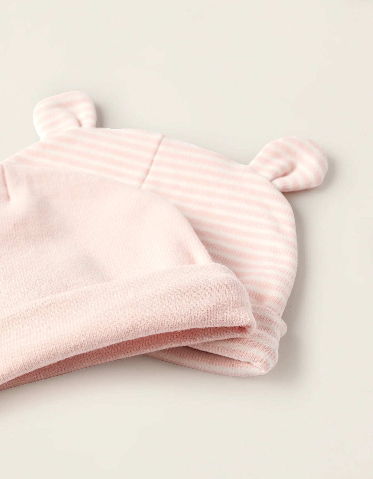 Pack of 2 Ribbed Cotton Beanies for Newborn Girls, Pink/White
