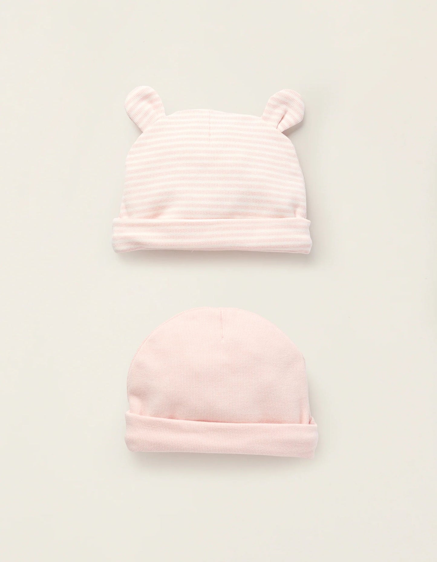 Pack of 2 Ribbed Cotton Beanies for Newborn Girls, Pink/White