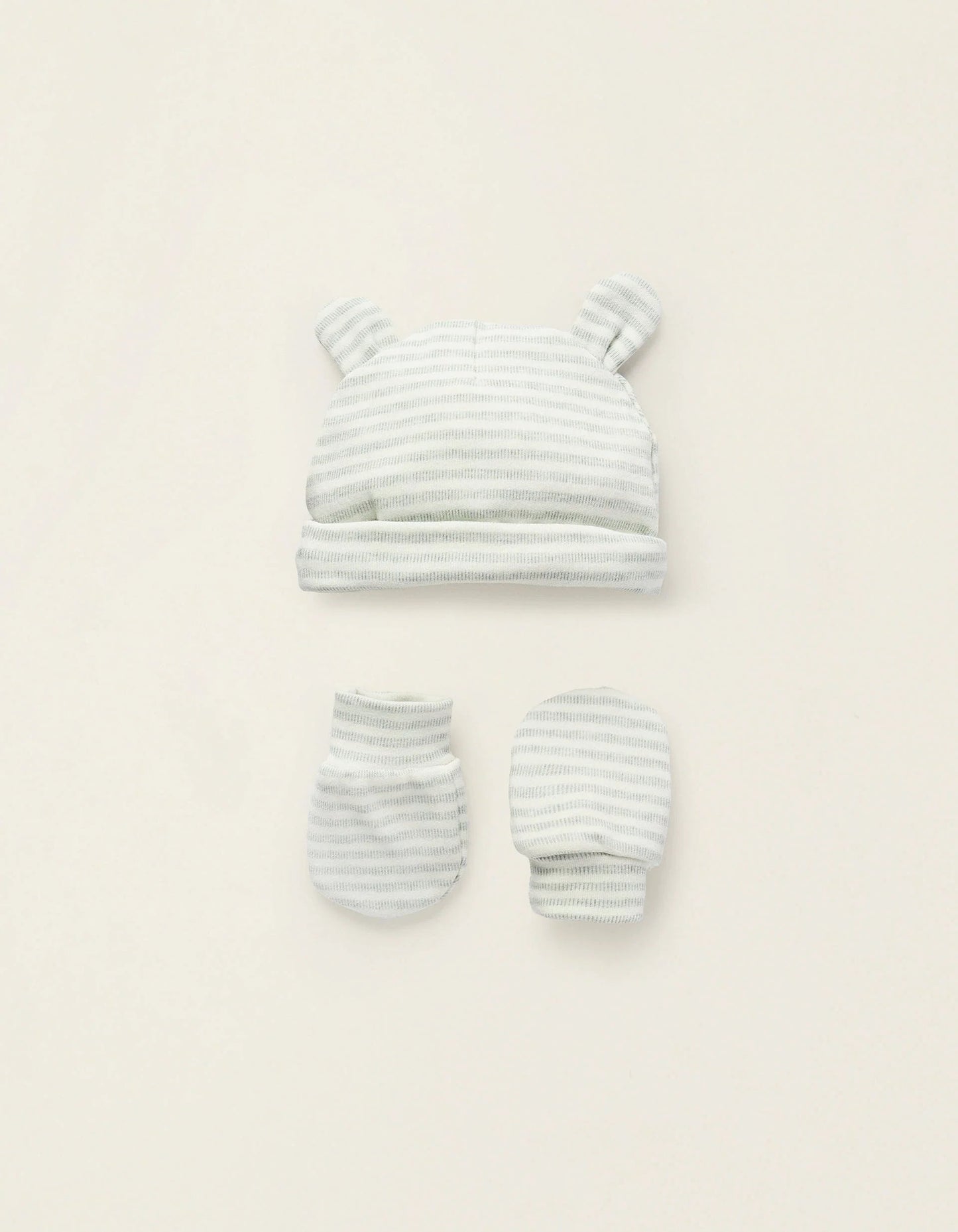 Pack Beanie + Cotton Mittens for Newborns, Green/White