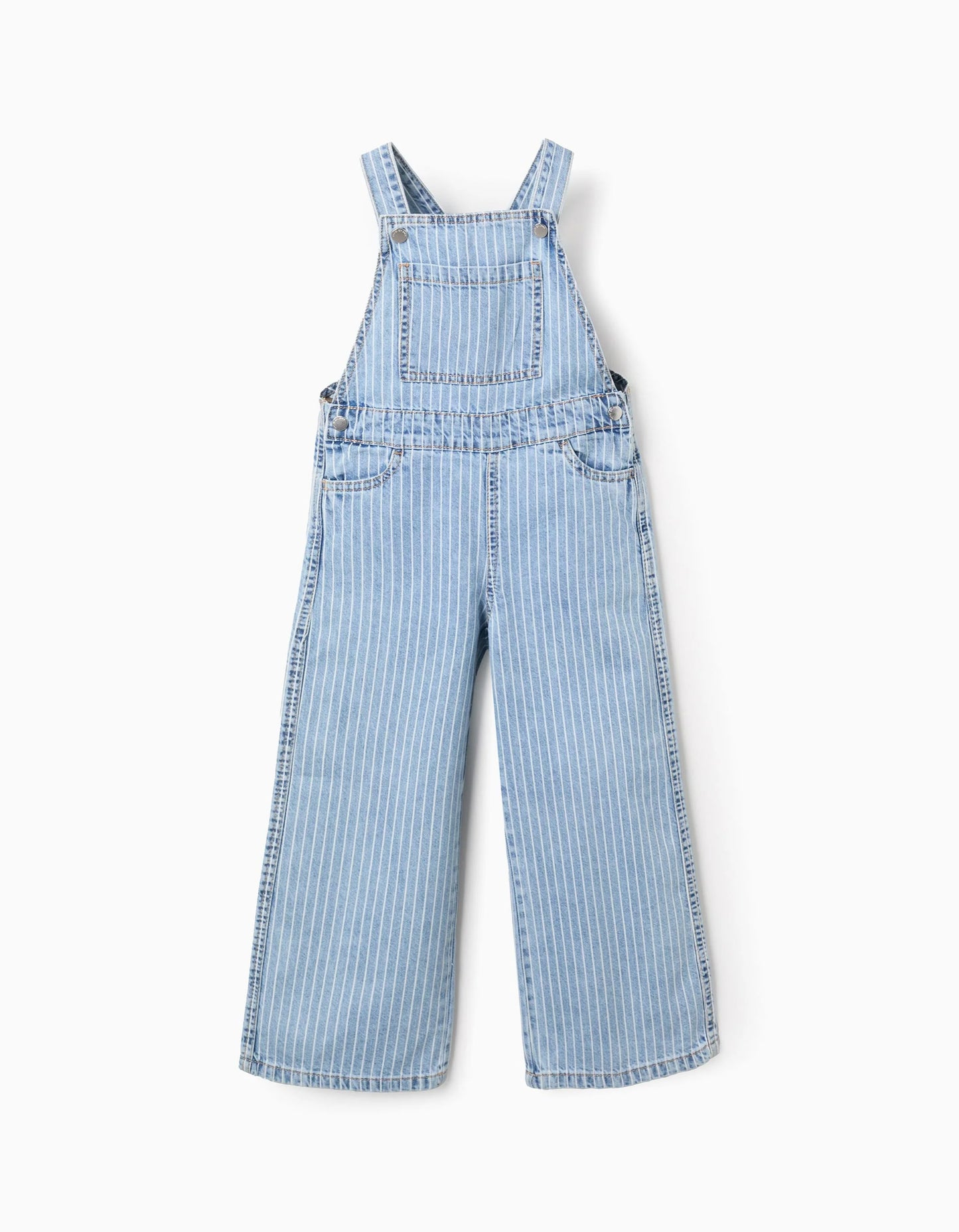 Striped Denim Dungarees + Pompom Hair Bobble for Girls, Blue