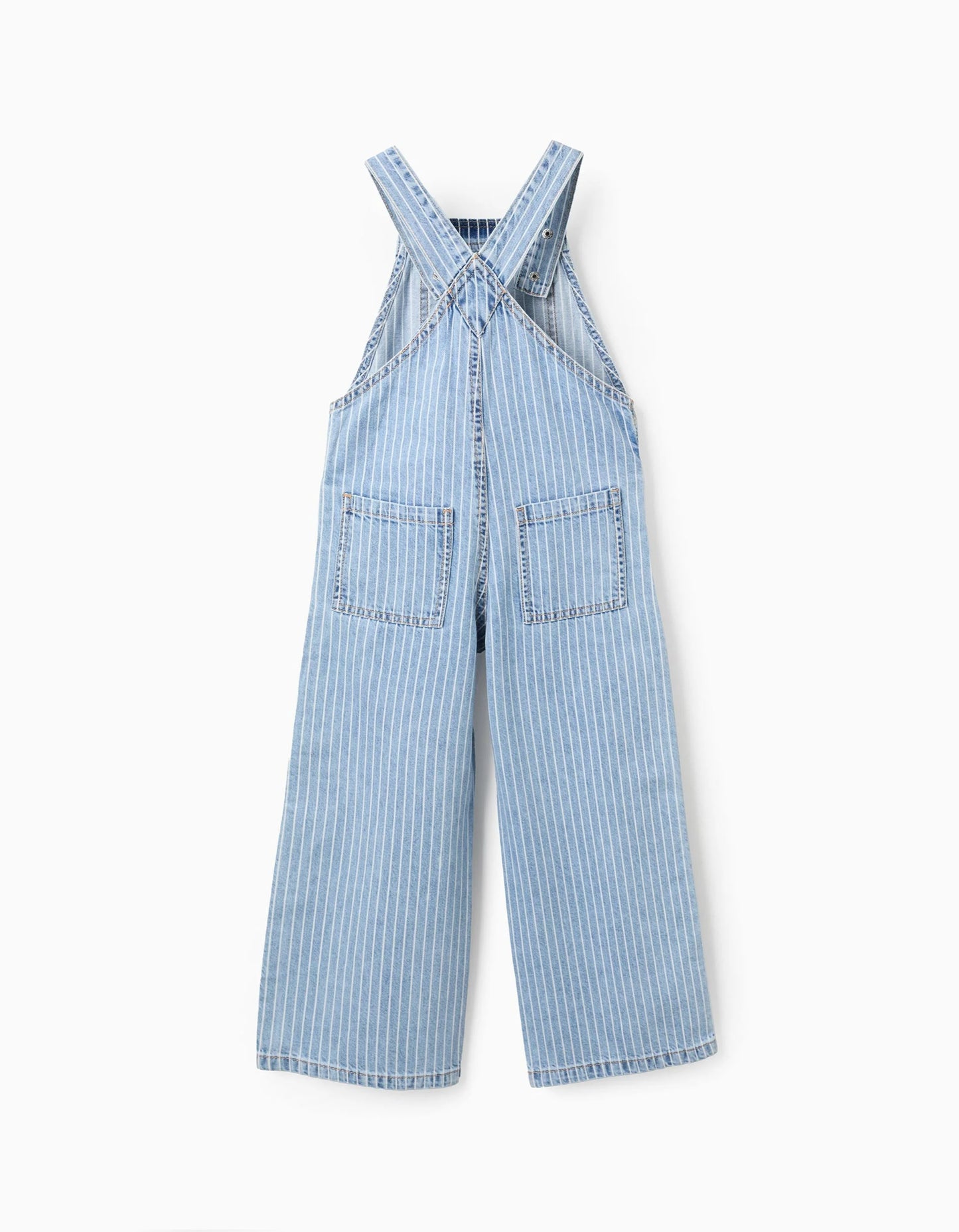 Striped Denim Dungarees + Pompom Hair Bobble for Girls, Blue