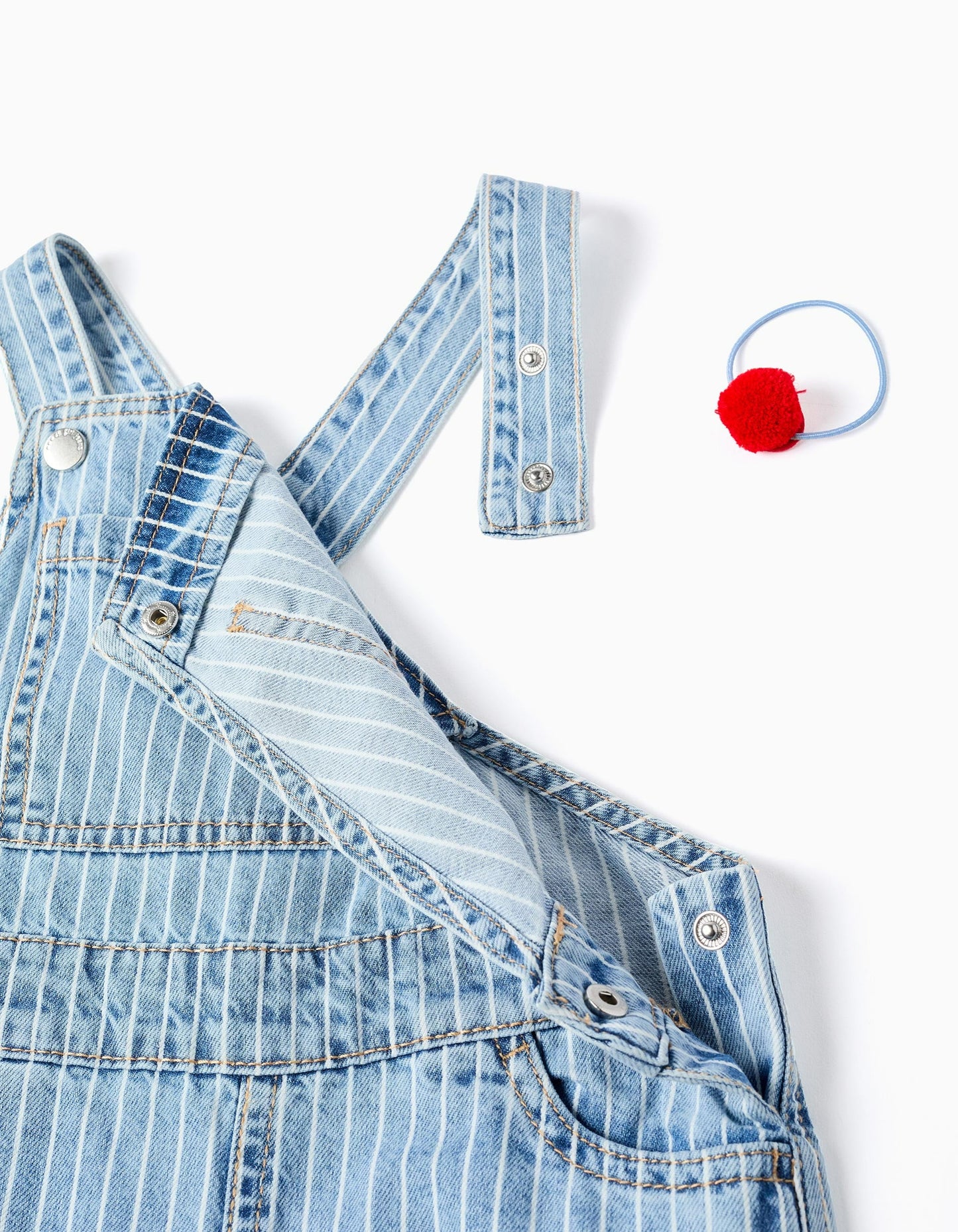 Striped Denim Dungarees + Pompom Hair Bobble for Girls, Blue