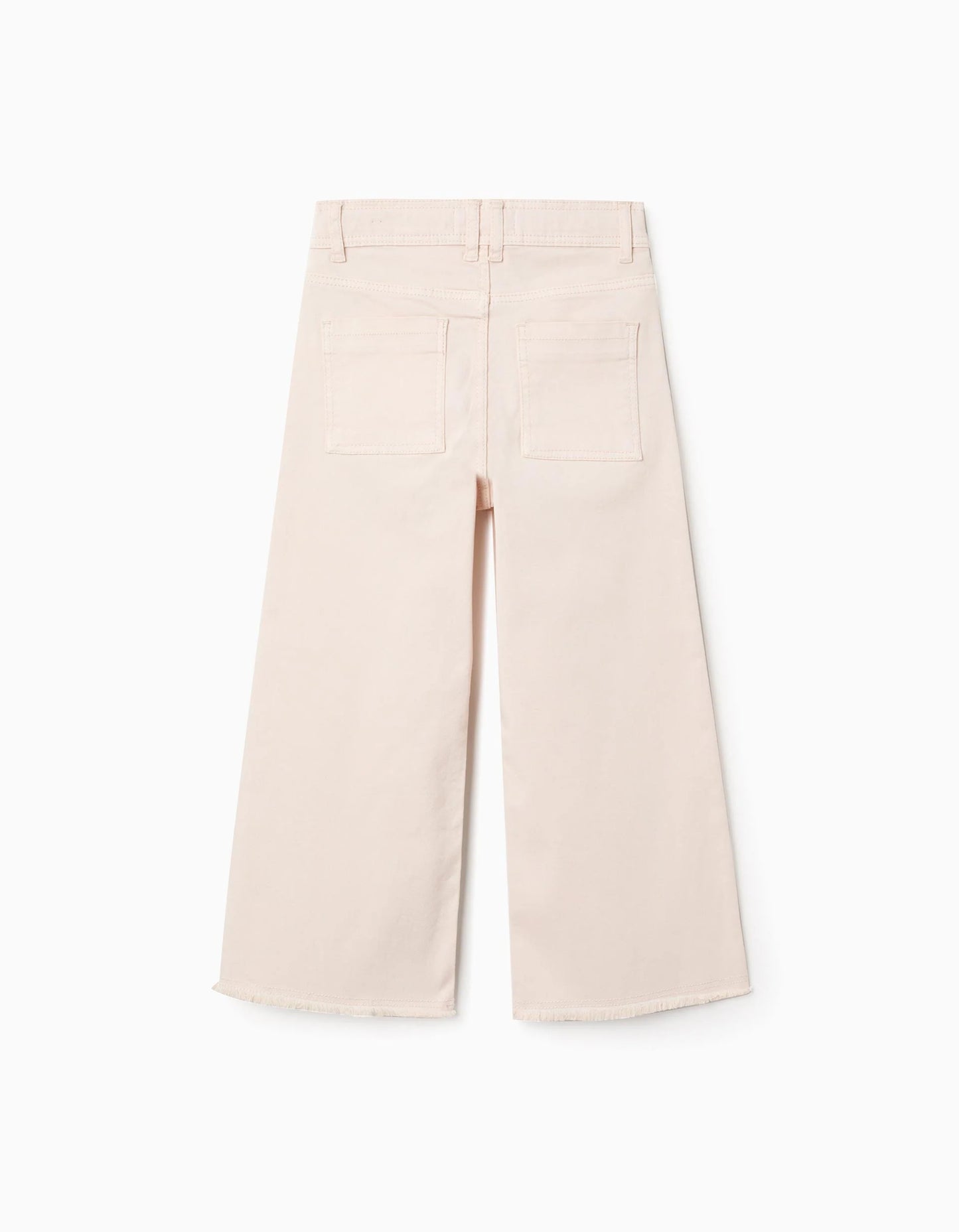 Wide Leg Twill Trousers with Frayed Hems for Girls, Beige