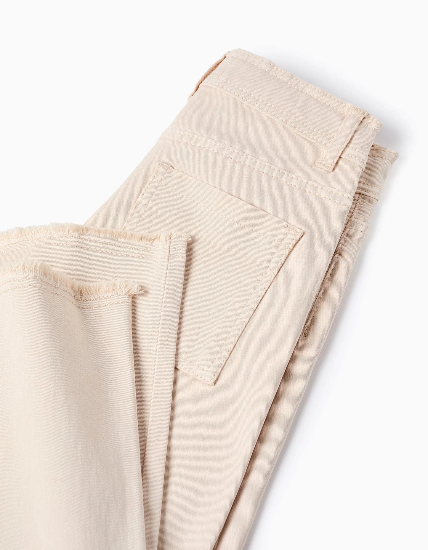 Wide Leg Twill Trousers with Frayed Hems for Girls, Beige