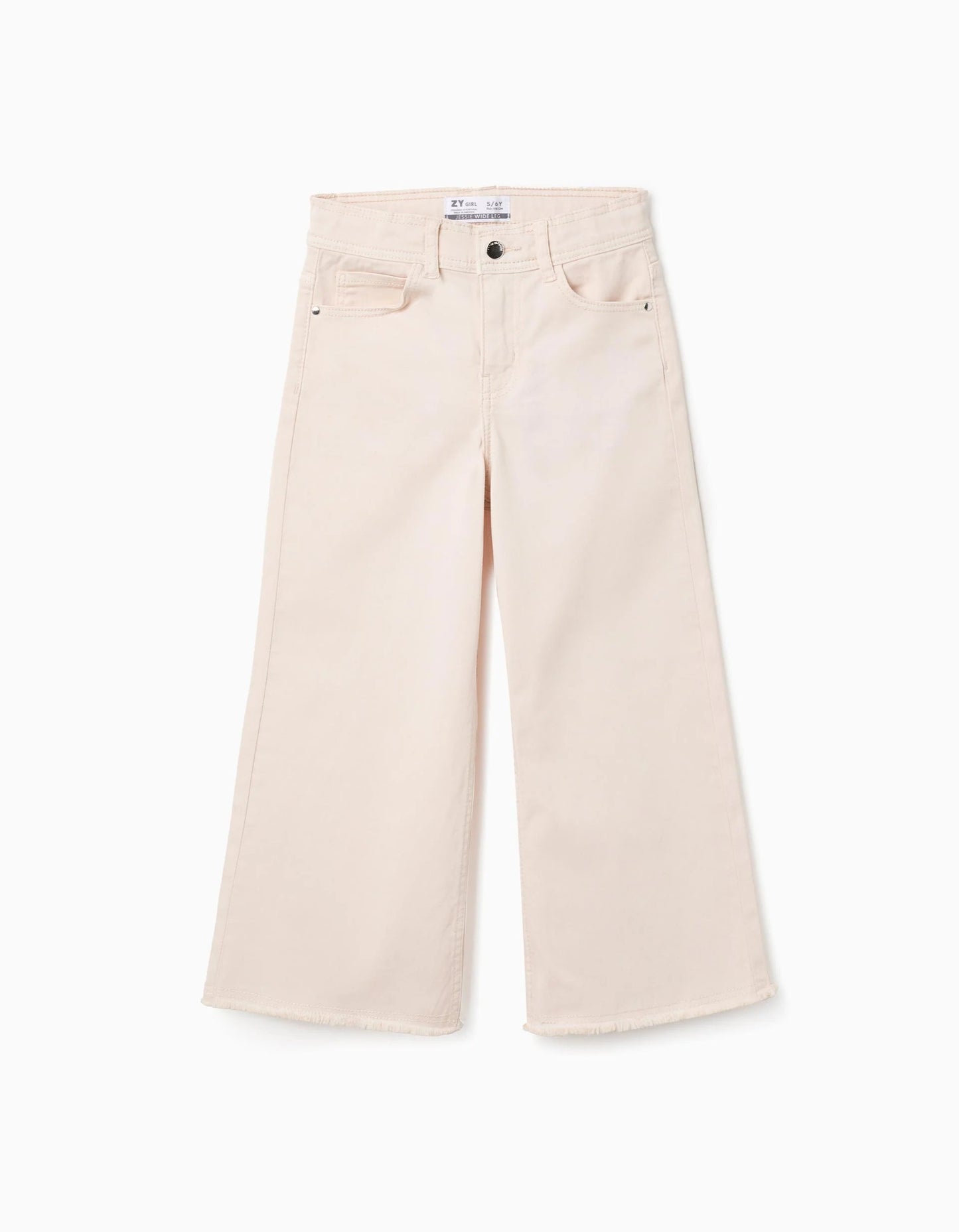 Wide Leg Twill Trousers with Frayed Hems for Girls, Beige