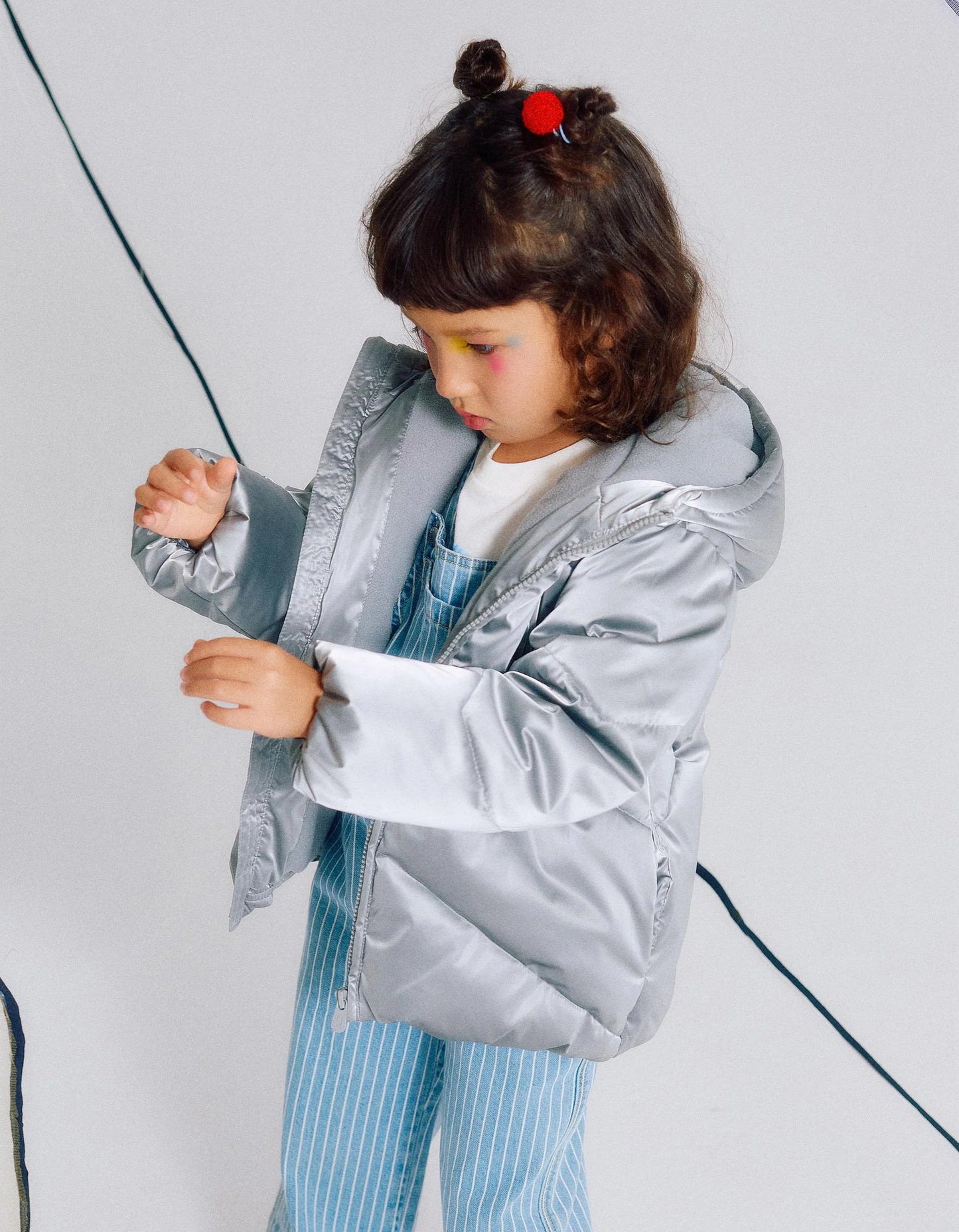 Padded Jacket with Fleece Lining and Hood for Girls, Silver