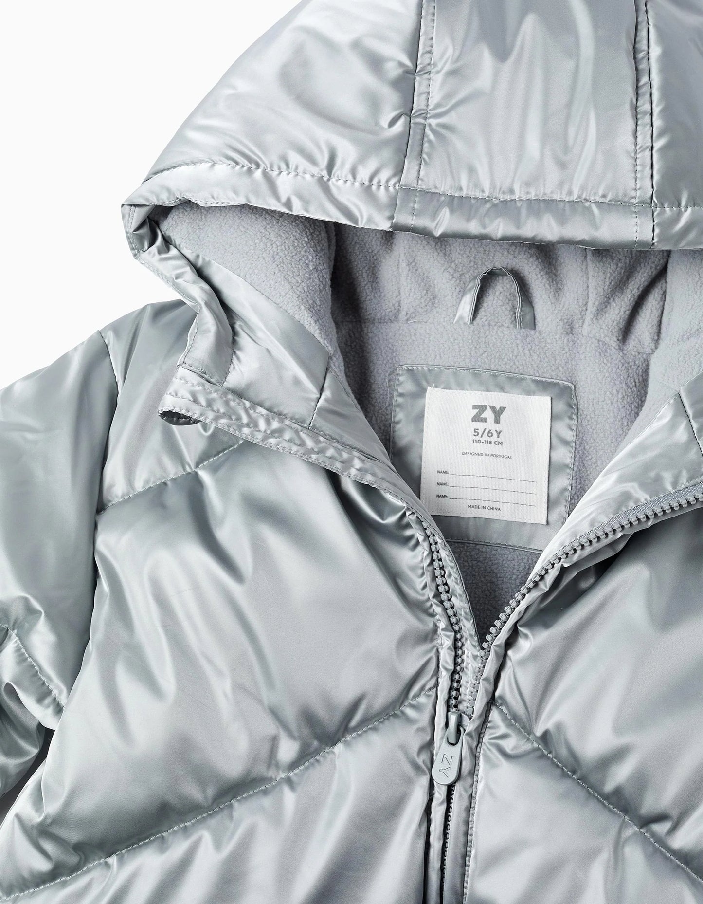 Padded Jacket with Fleece Lining and Hood for Girls, Silver