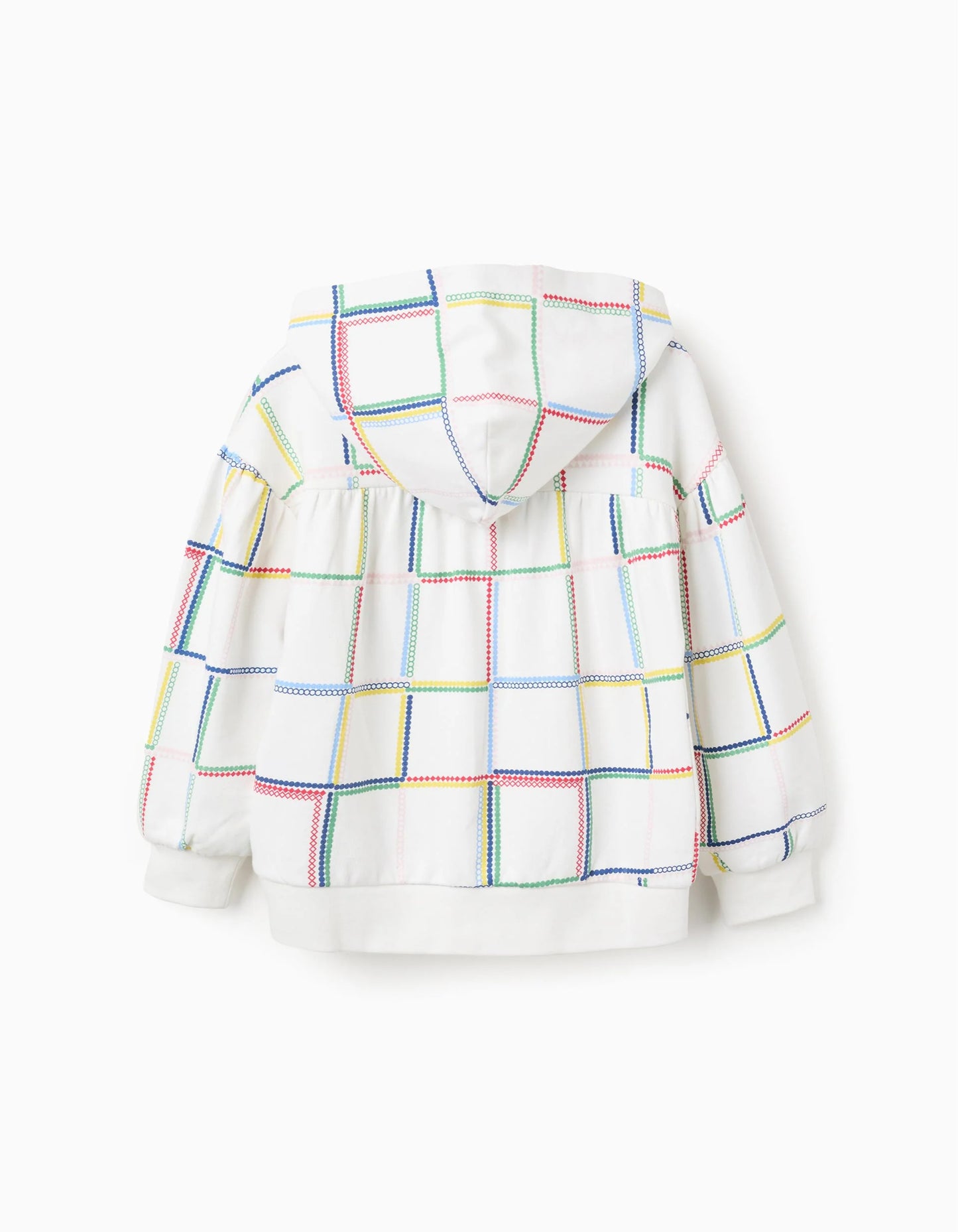 Cotton Hooded Jacket with Colourful Motif for Girls, White