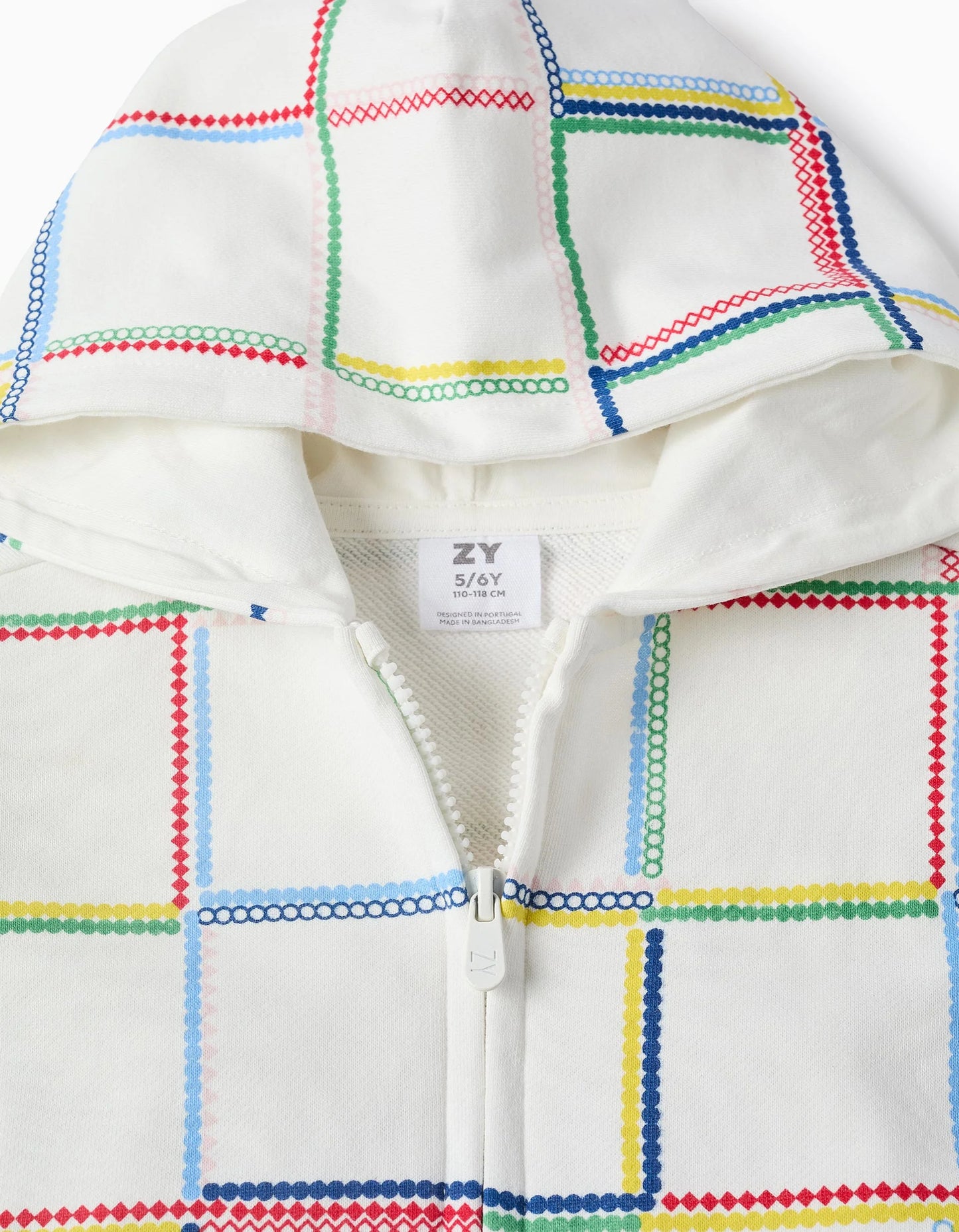 Cotton Hooded Jacket with Colourful Motif for Girls, White