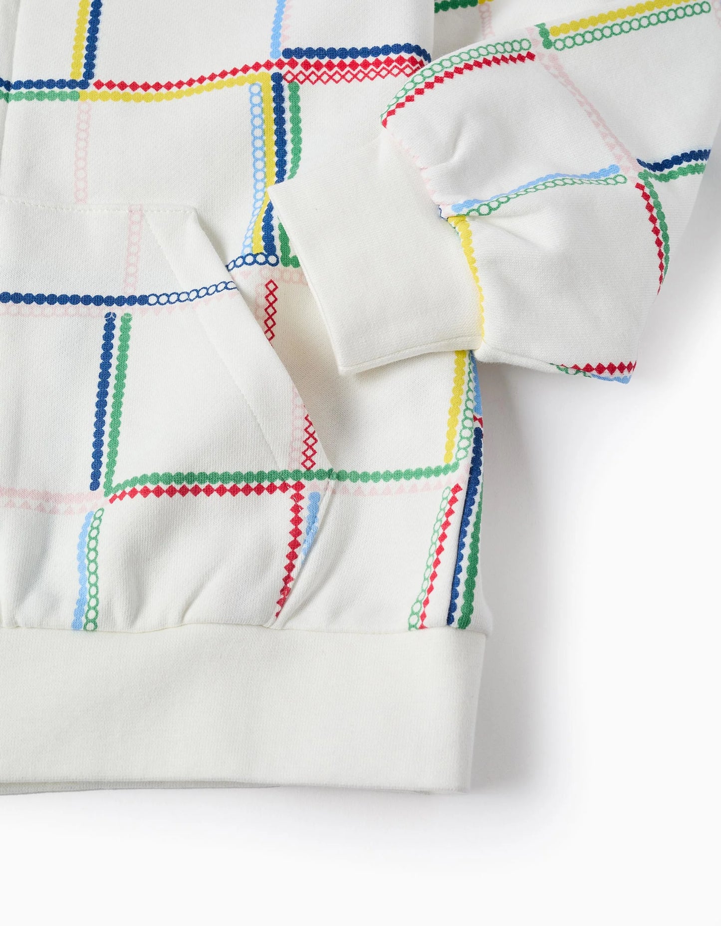 Cotton Hooded Jacket with Colourful Motif for Girls, White