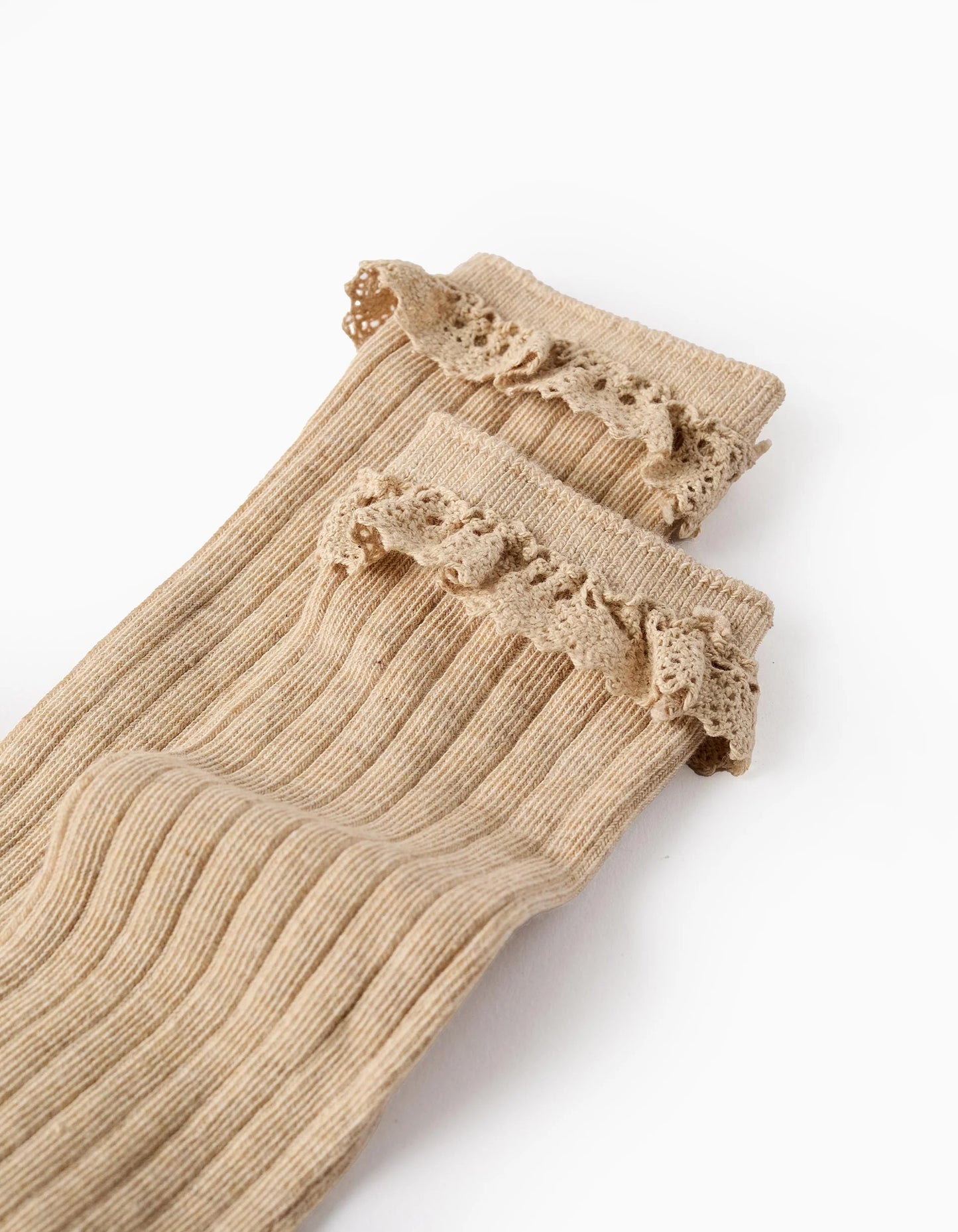 High Socks with Crochet Ruffles for Girls, Beige