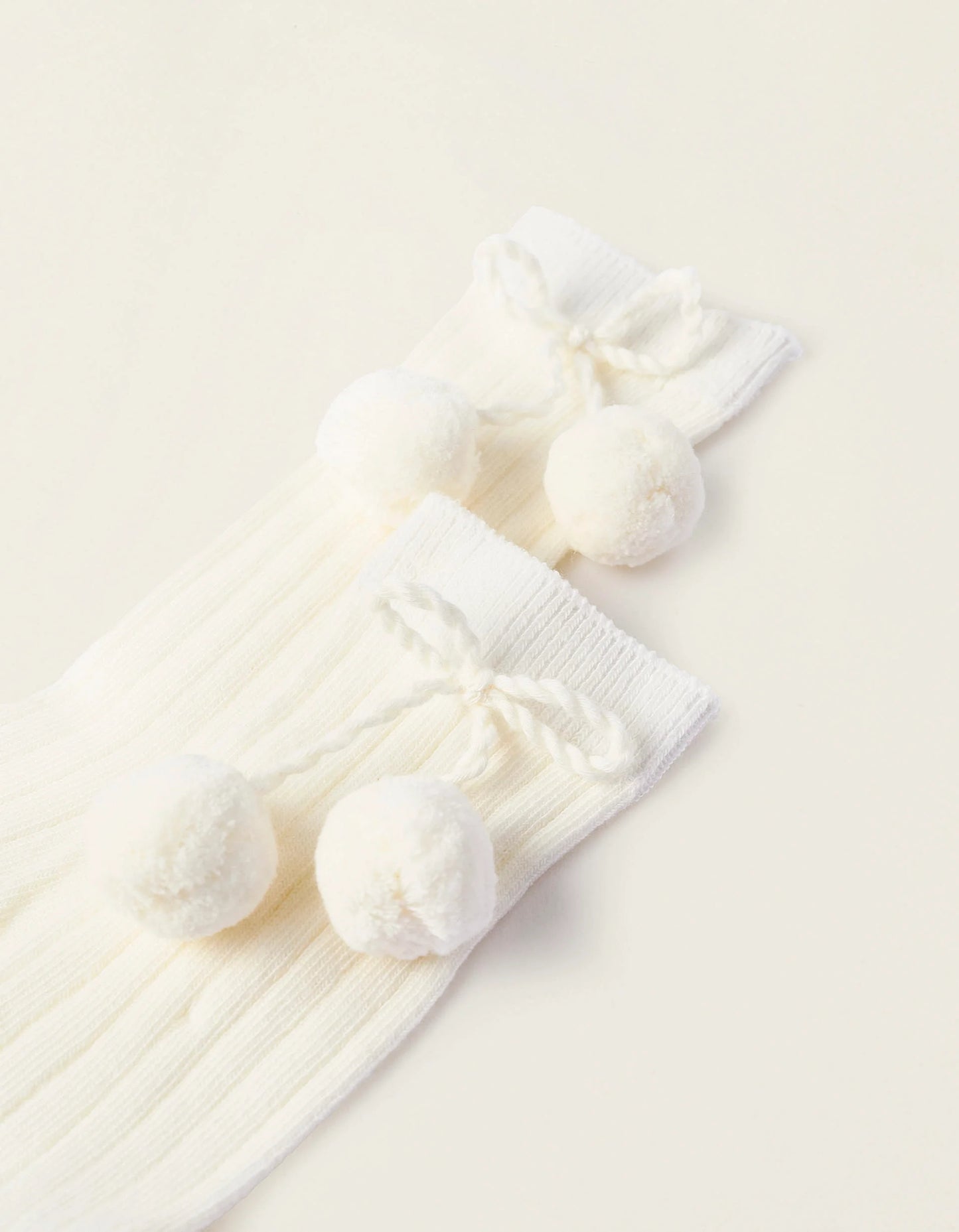 Ribbed Knee-High Socks with Pompoms for Baby Girls, White