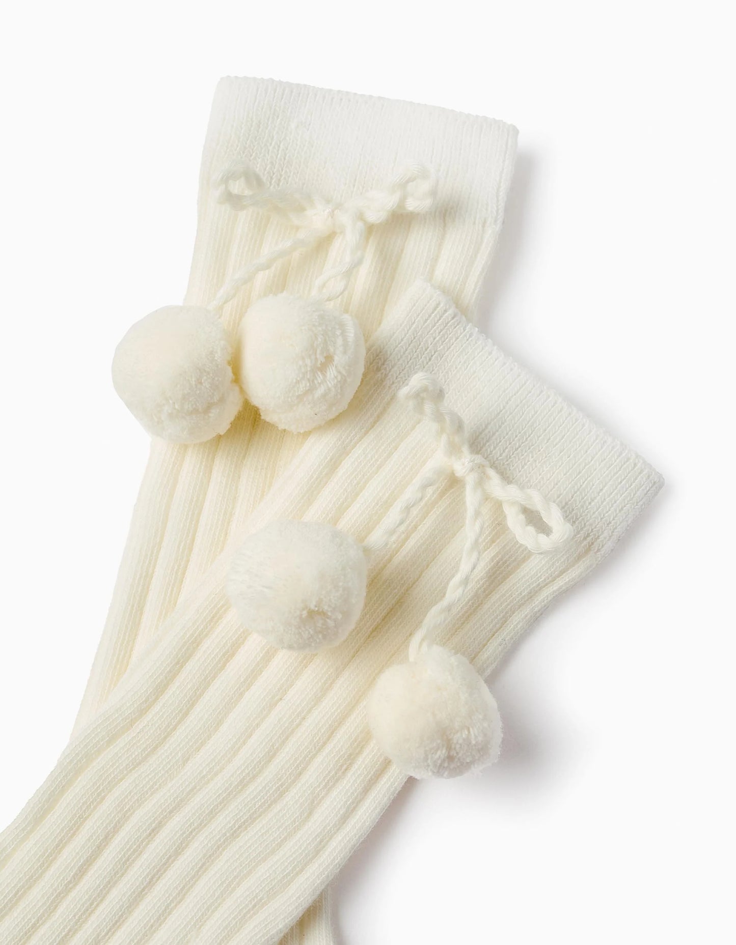 High Socks with Pompons for Girls, White