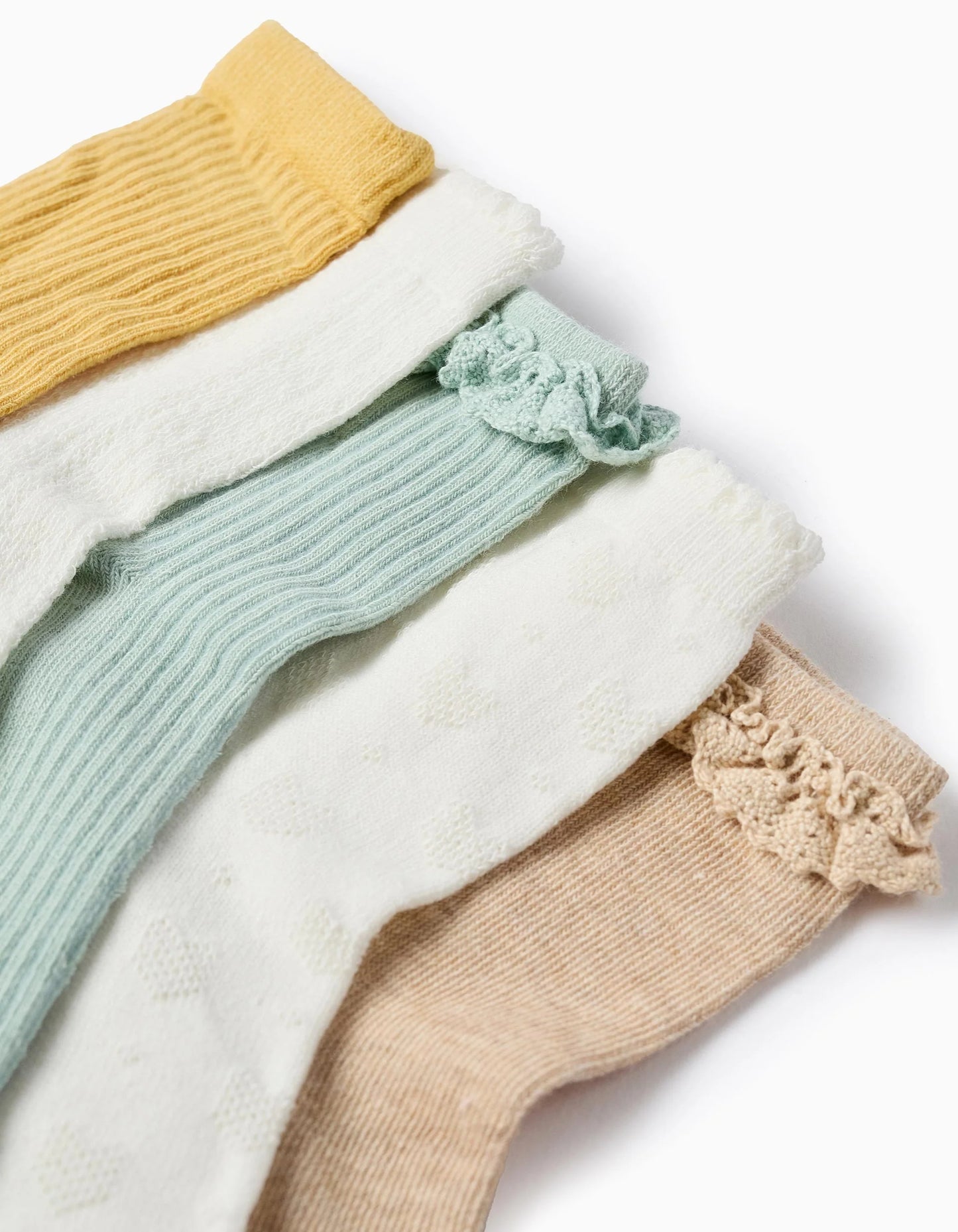 Pack of 5 Pairs of Socks for Girls, Yellow/White/Beige/Green