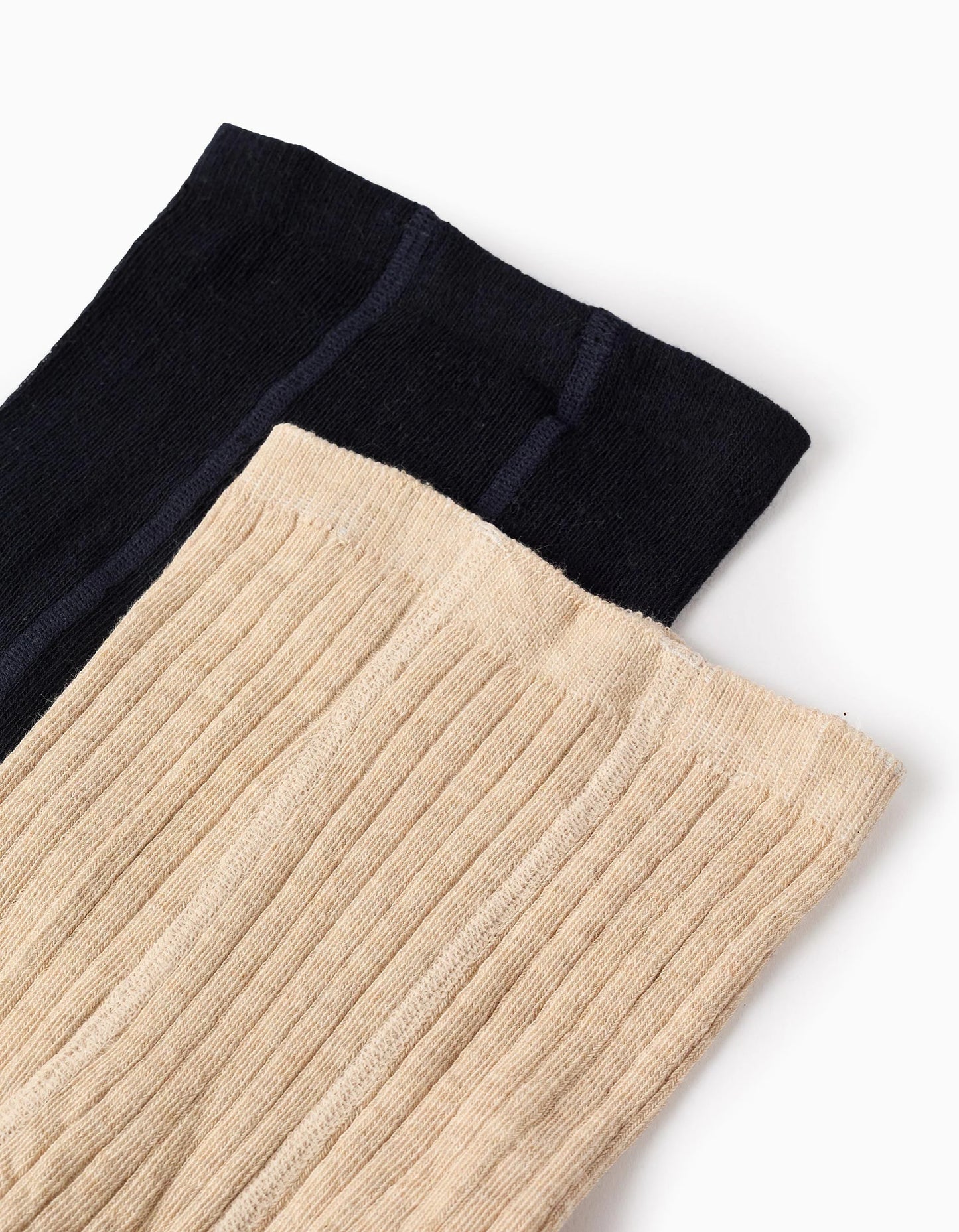 Pack of 2 Tights Ribbed/with Bow for Girls, Beige/Dark Blue