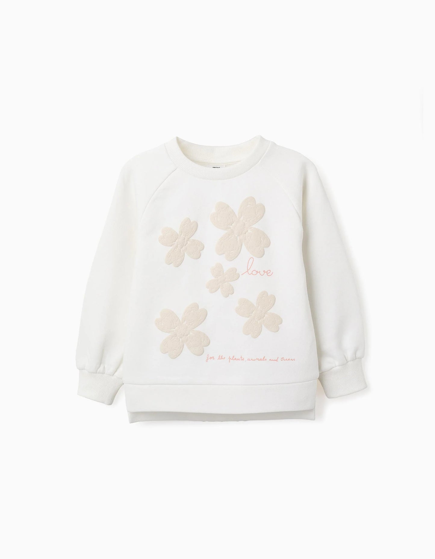 Brushed Sweatshirt with Embossed Flowers for Girls, White