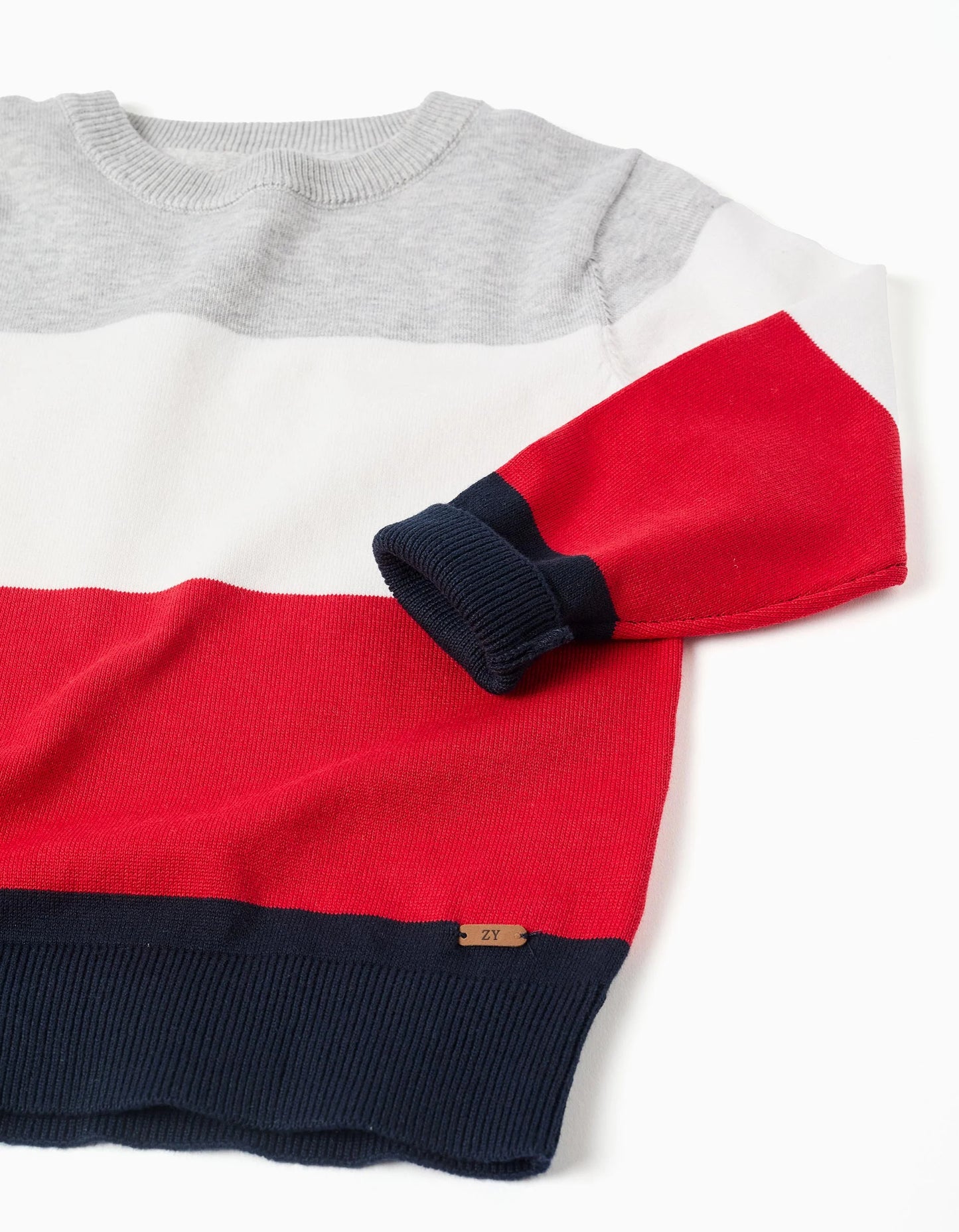 Striped knit jumper for boys, grey/white/red/blue