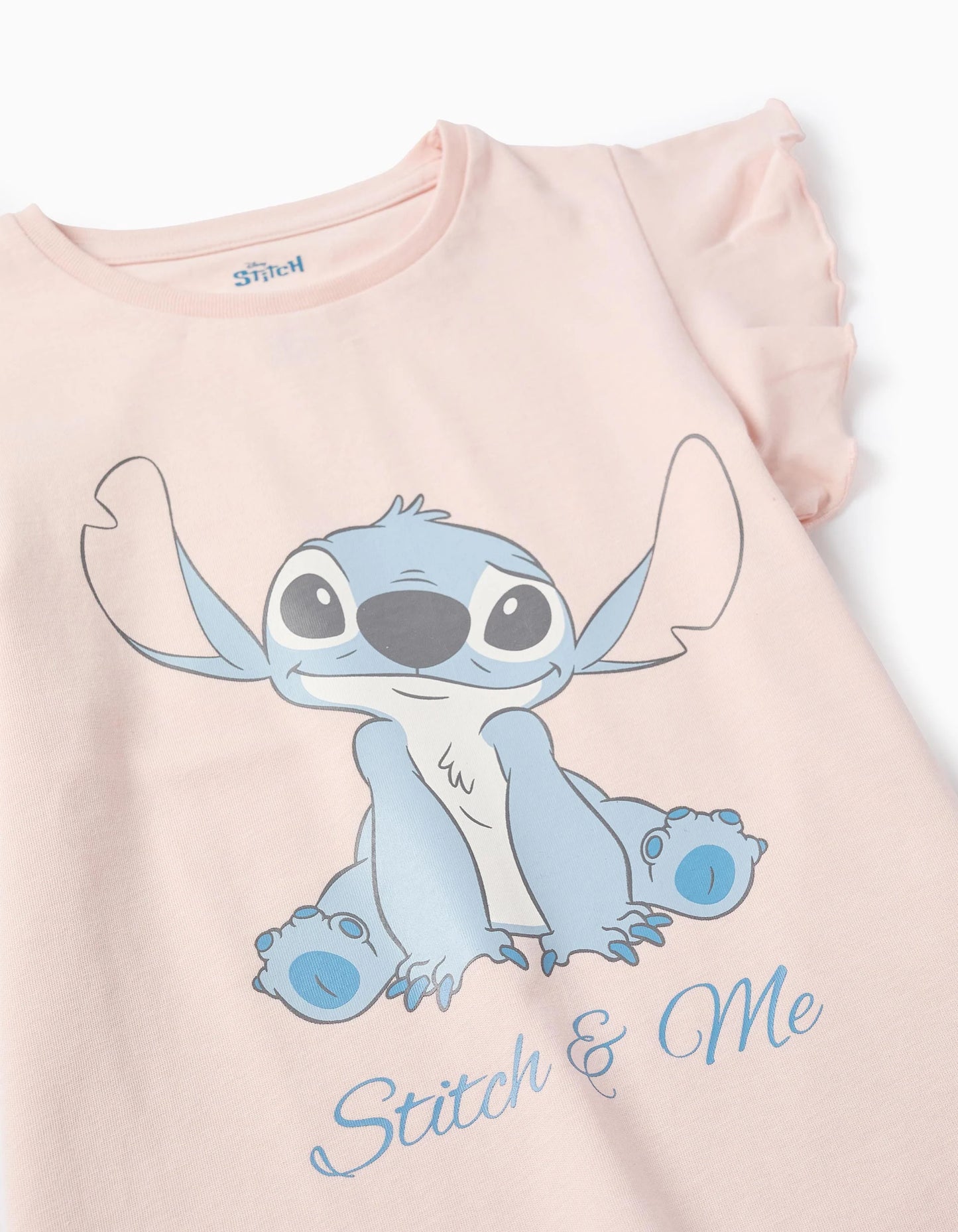 Cotton T-Shirt with Ruffles for Girls ‘Stitch’, Light Pink