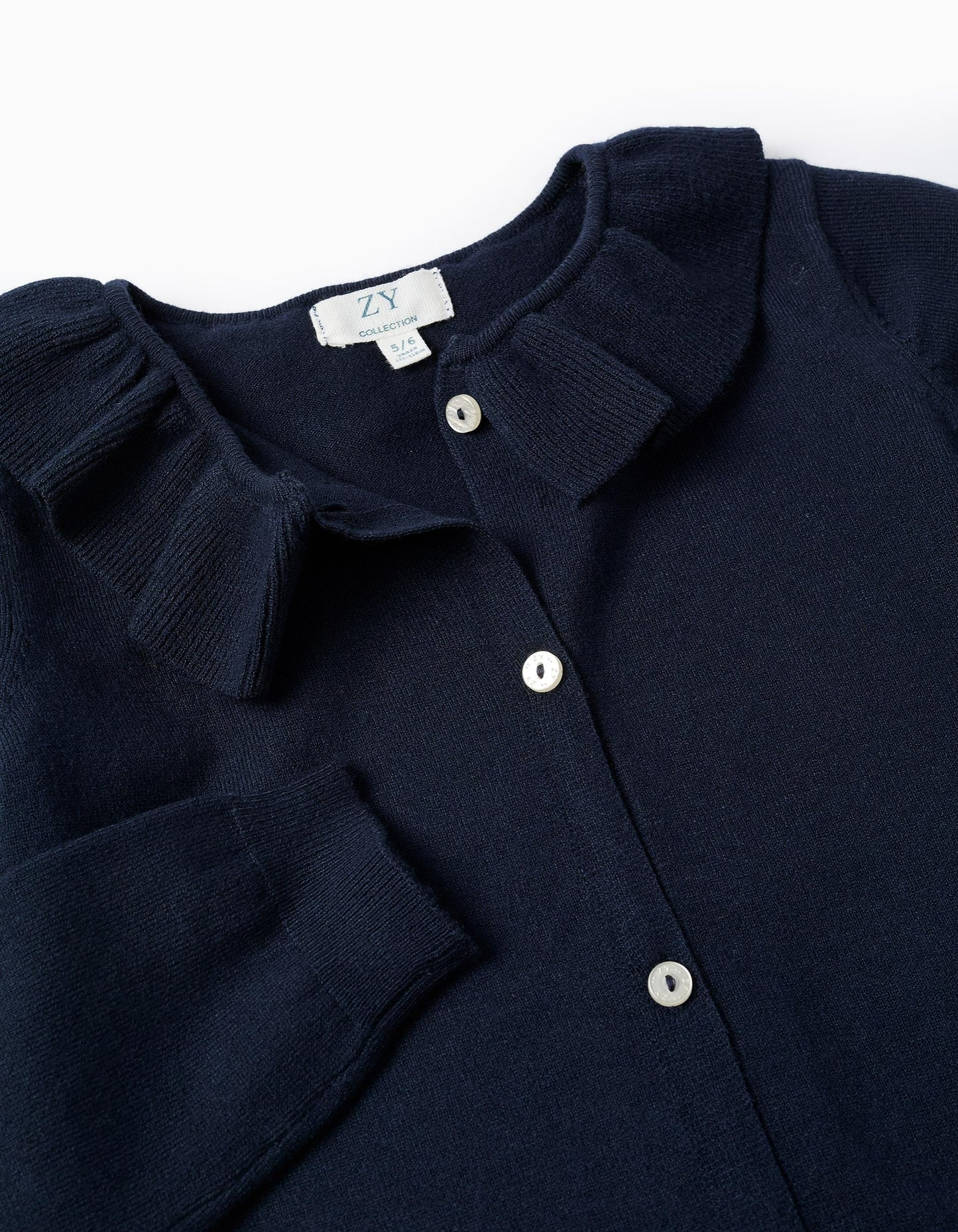 Fine Knit Cardigan with Ruffles for Girls, Dark Blue