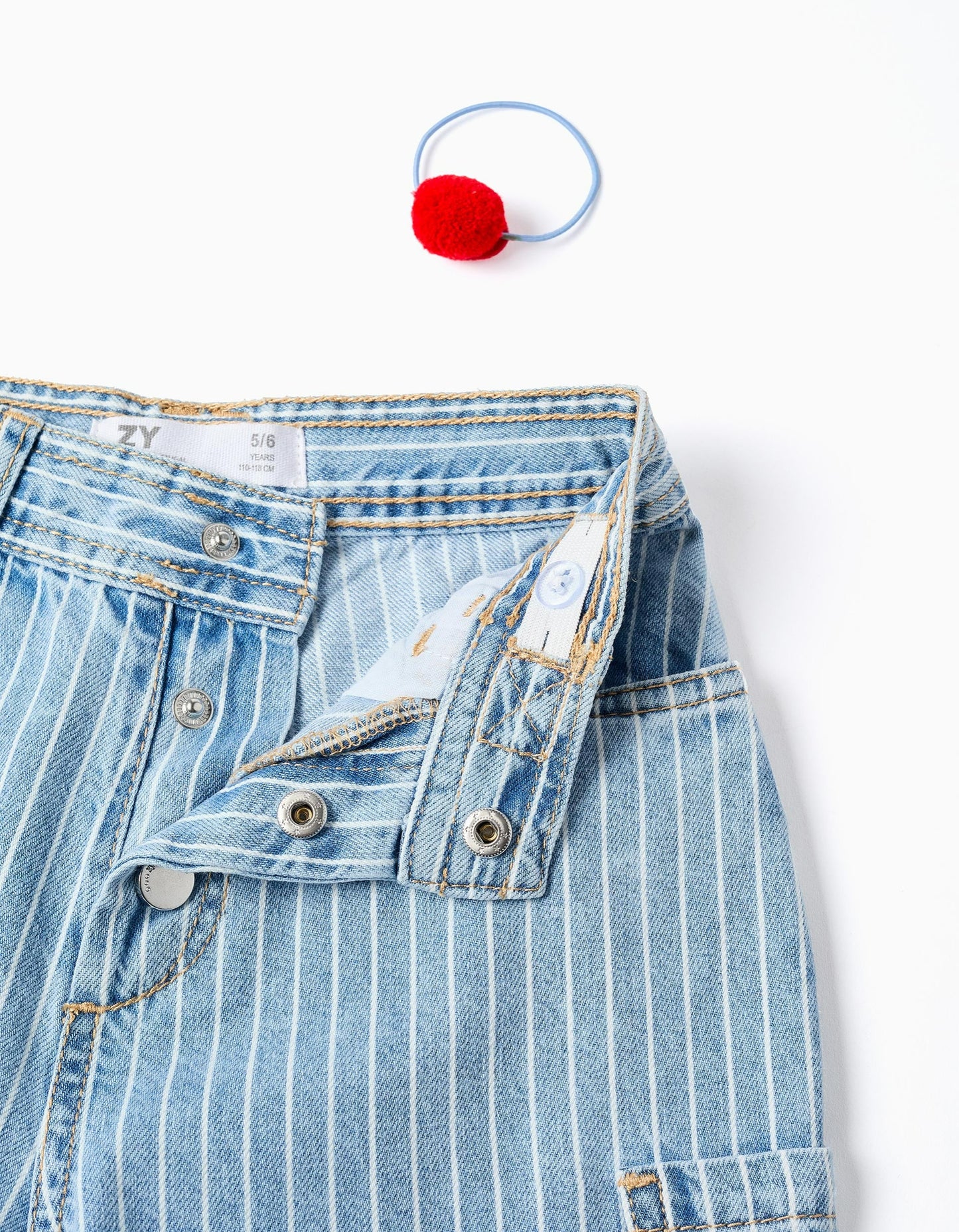 Striped Jeans + Pompom Hair Bobble for Girls, Blue