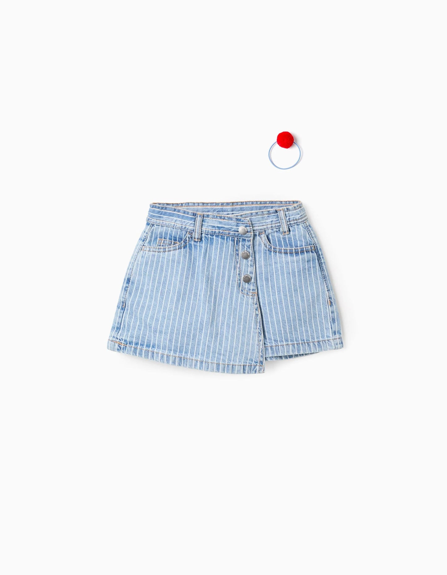 Striped Denim Skort + Pompom Bobble for Girls, Blue