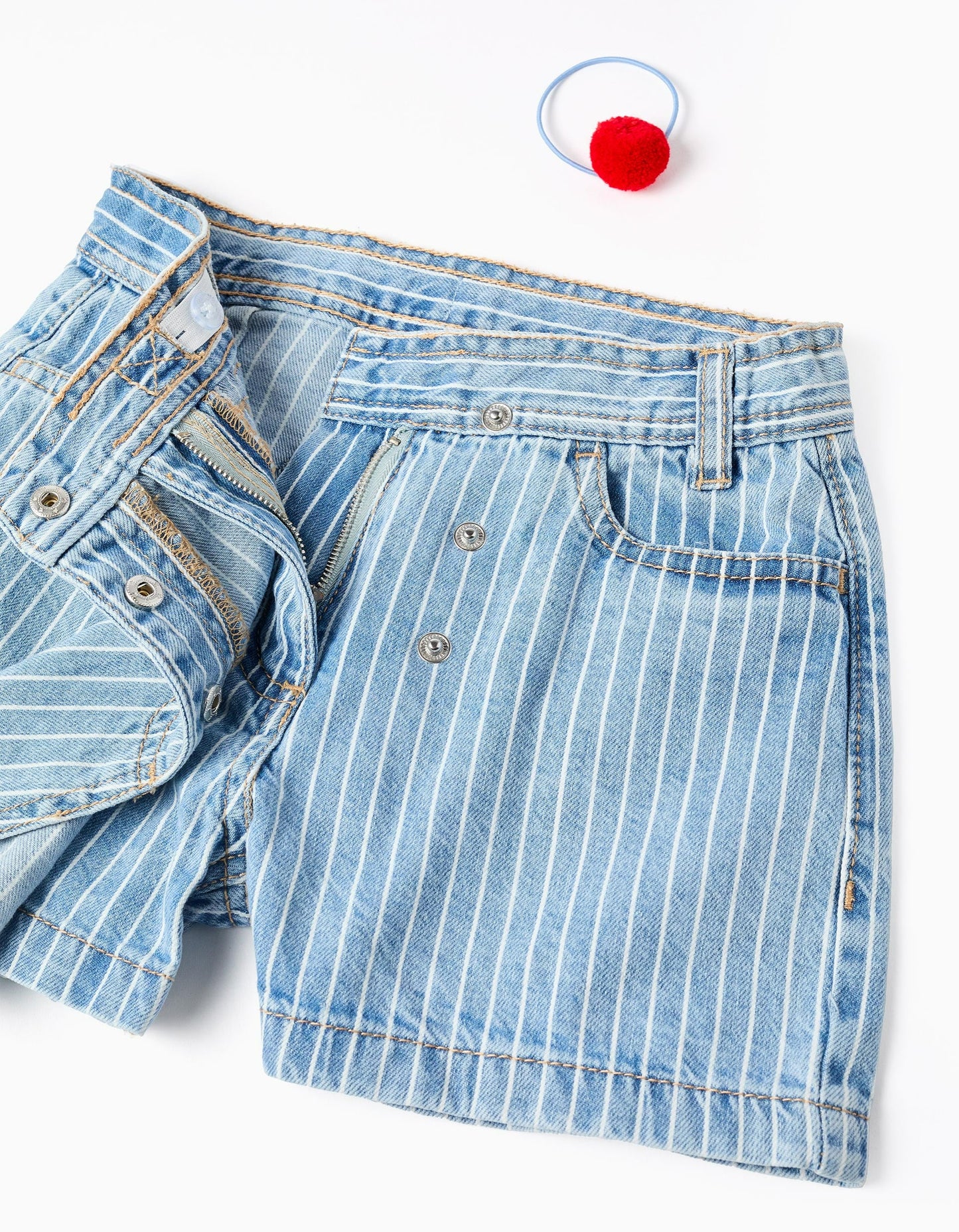 Striped Denim Skort + Pompom Bobble for Girls, Blue