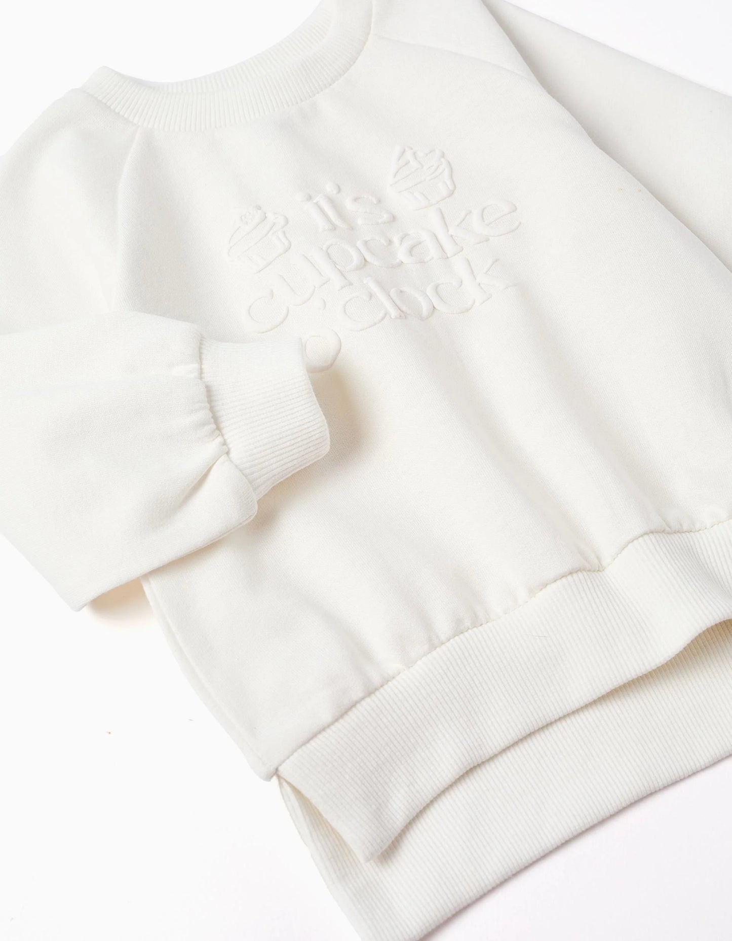 Cotton Sweatshirt Embossed Cupcake Print for Baby Girls, White
