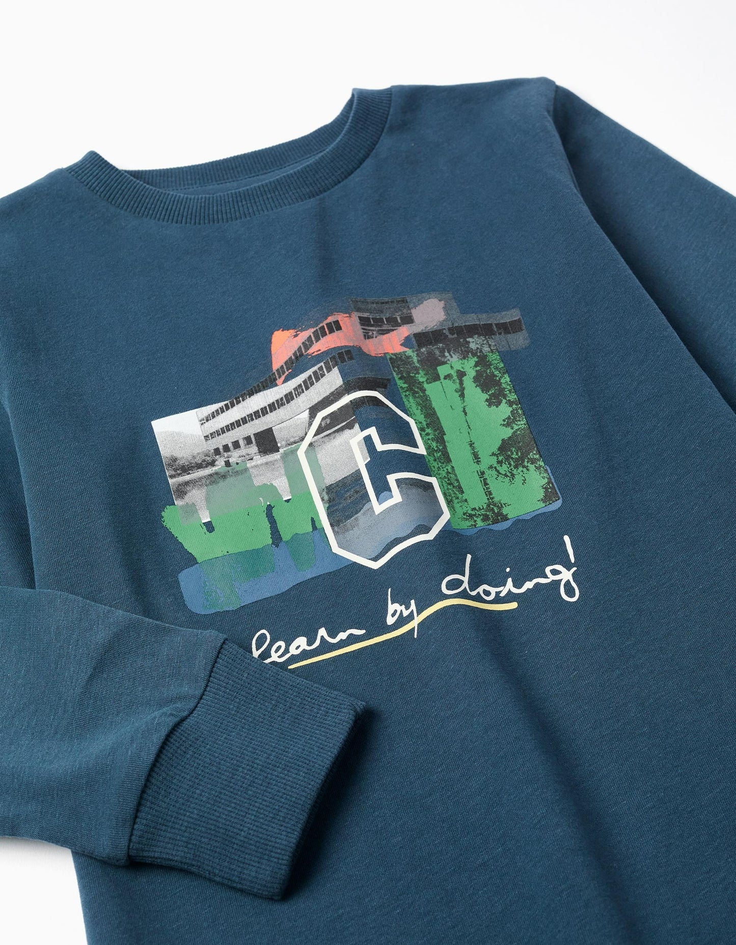 Long sleeve cotton T-shirt with print 'C' for boys, petrol blue