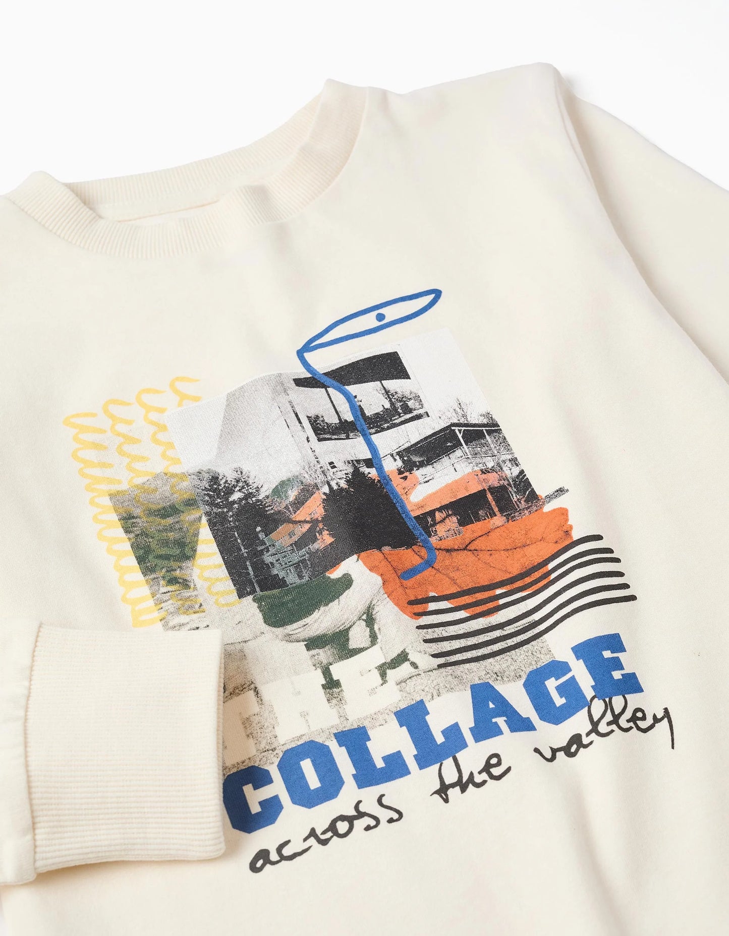 Long sleeve cotton T-shirt with print 'the collage' for boys, white