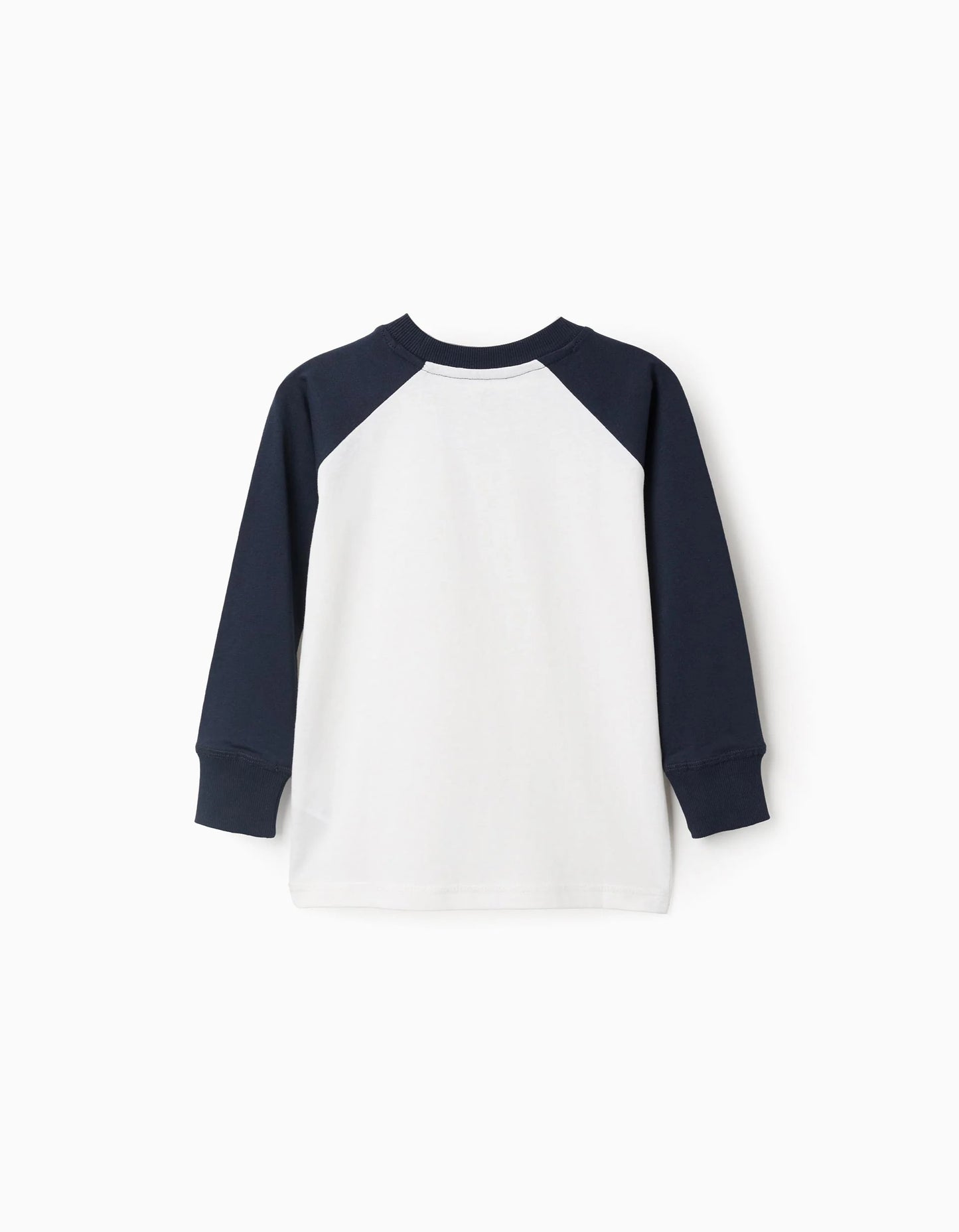 Long Sleeve Cotton T-shirt for Boys, White/Dark Blue