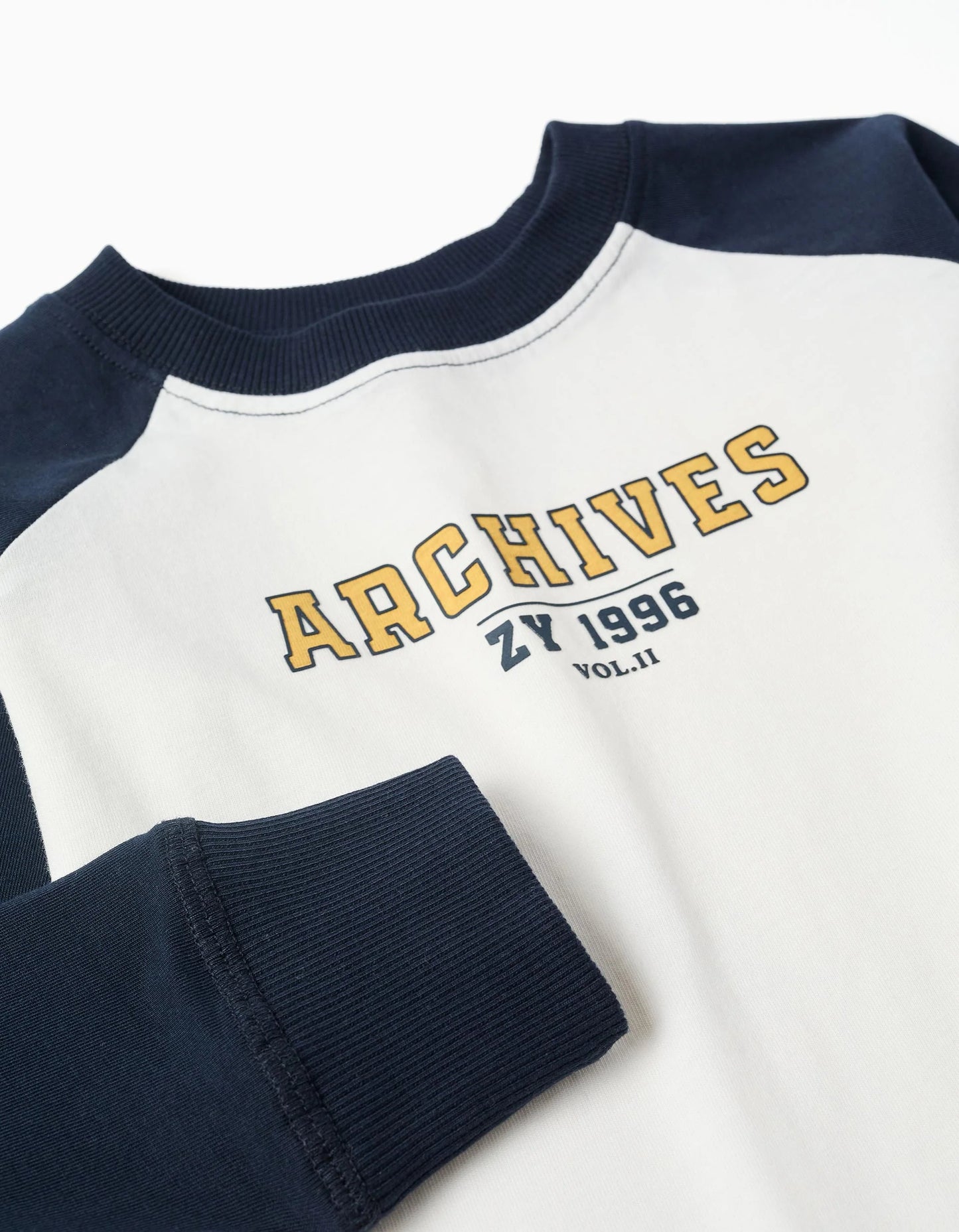 Long Sleeve Cotton T-shirt for Boys, White/Dark Blue